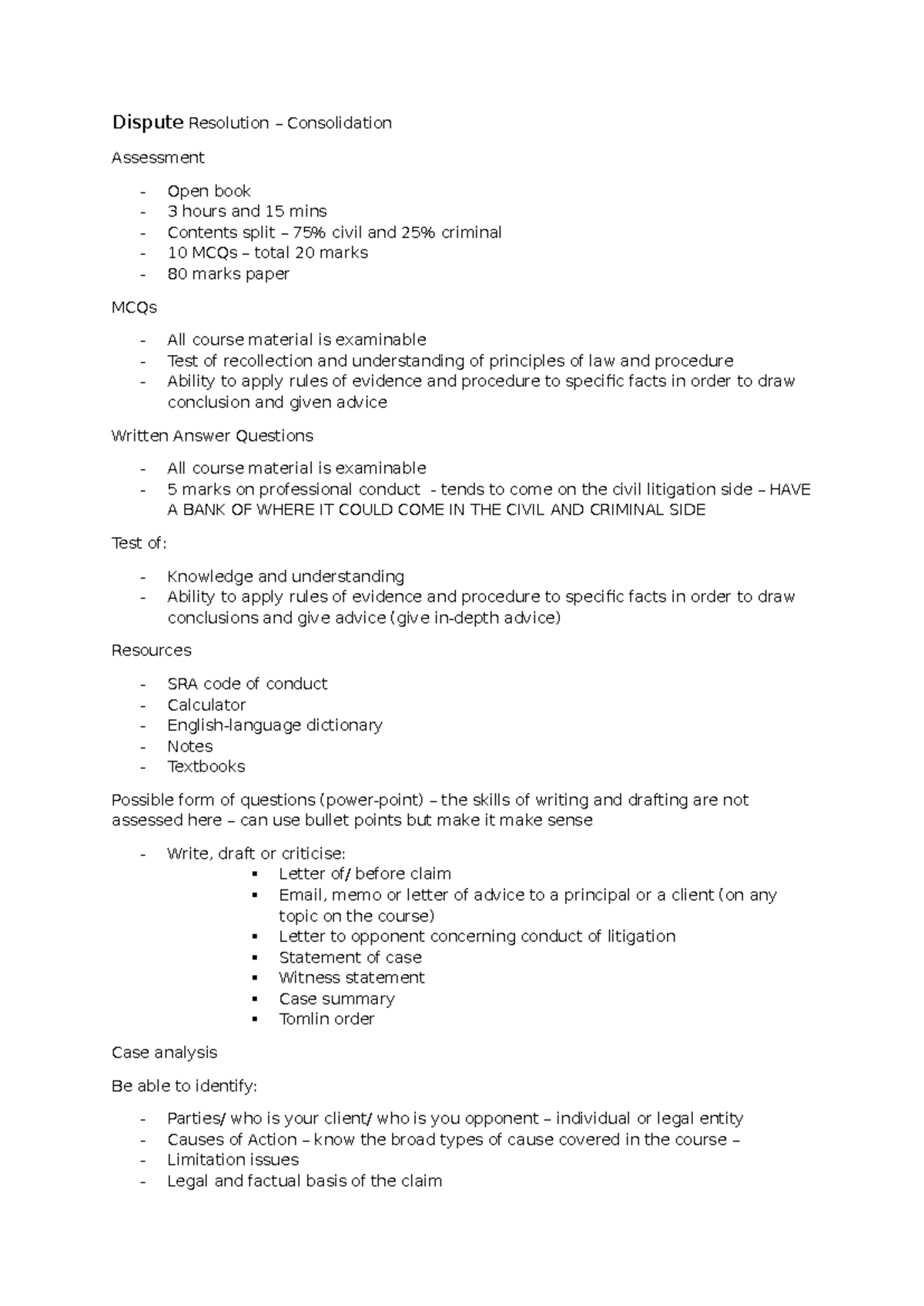 Dispute Resolution Consolidation Assessment: Open Book Exam Guide (3 ...