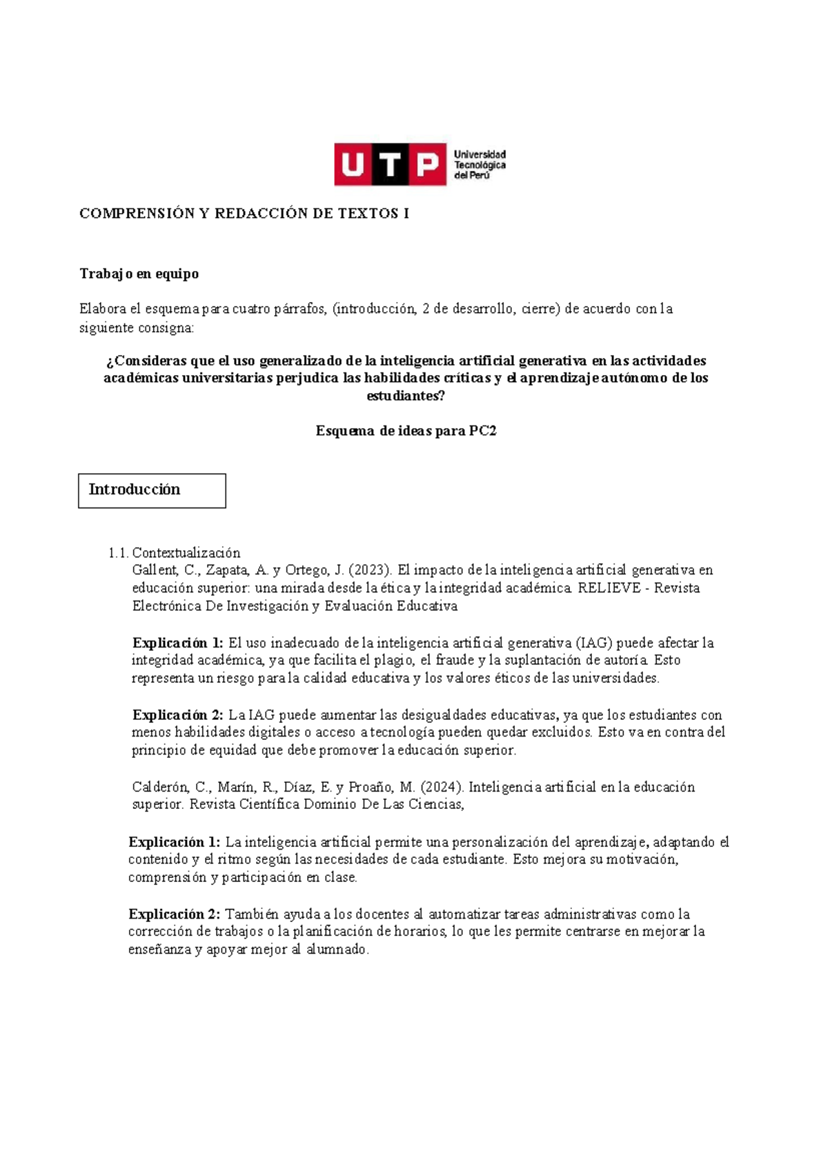 Esquema para PC2: Impacto de la IA Generativa en la Educación Superior - Document Preview
