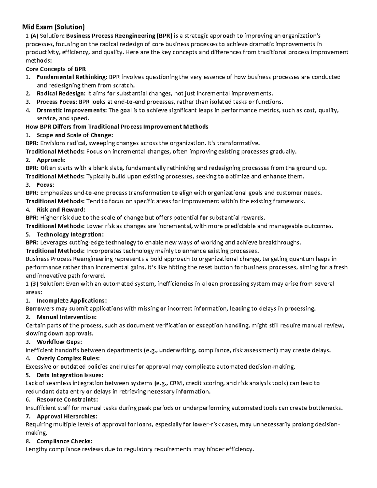 Midterm Exam Solutions: Business Process Reengineering Insights - Studocu