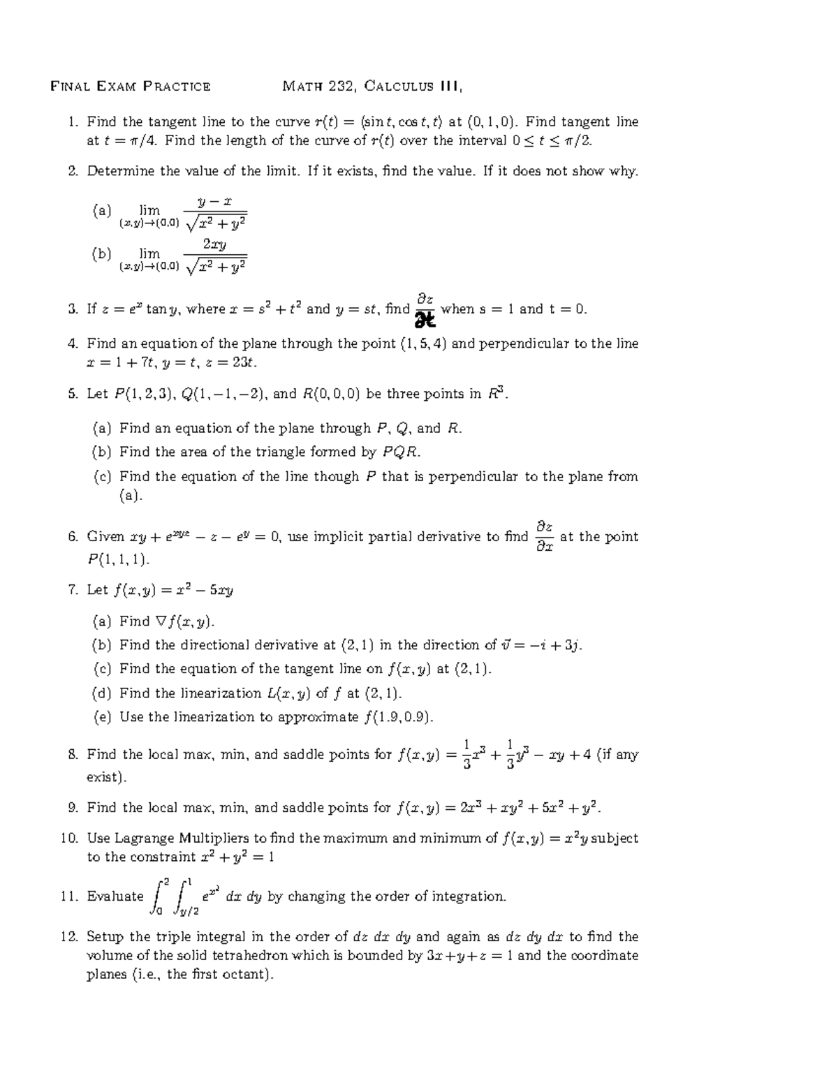 Final Exam Practice Problems for Math 232: Calculus 1 - Studocu