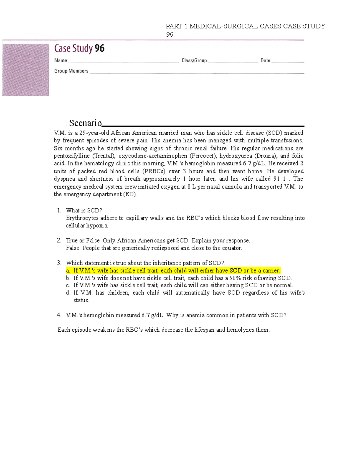 #96 Sickle Cell Disease wk1 - PART 1 MEDICAL-SURGICAL CASES CASE STUDY ...