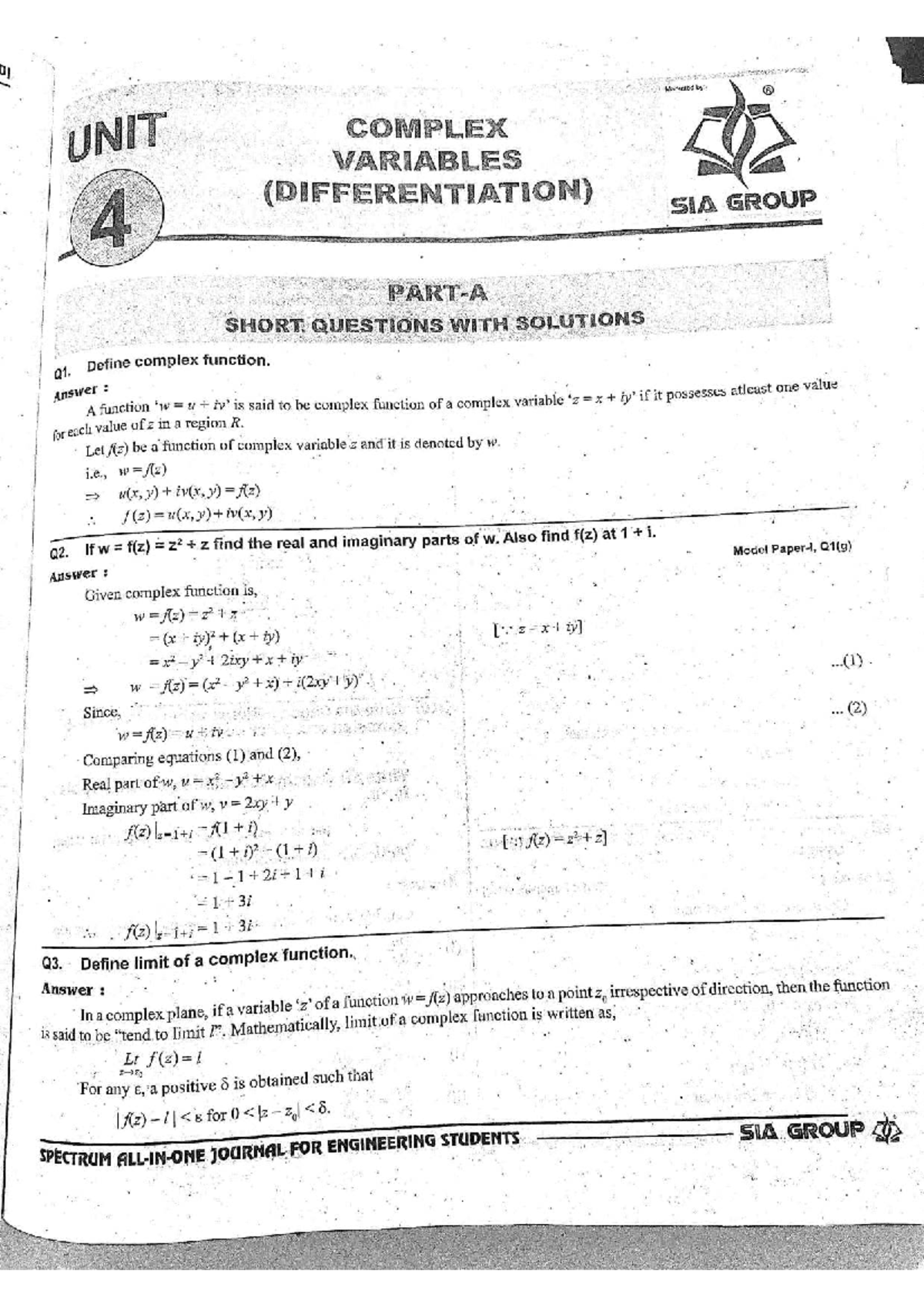 Complex Variables (Differentiation) - Limit and Continuity Analysis ...