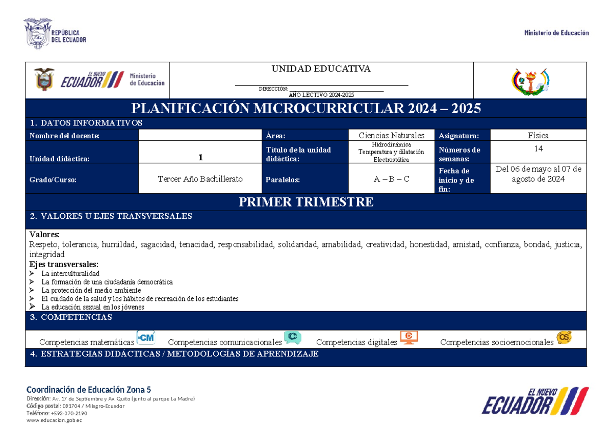 **Planificación del Primer Trimestre en Física 3ro Bachillerato 2024 ...