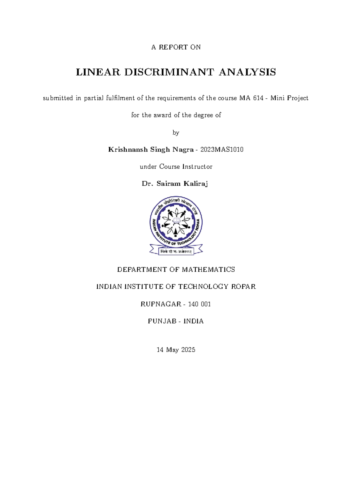 MA 614 Mini Project: Linear Discriminant Analysis Report - Studocu