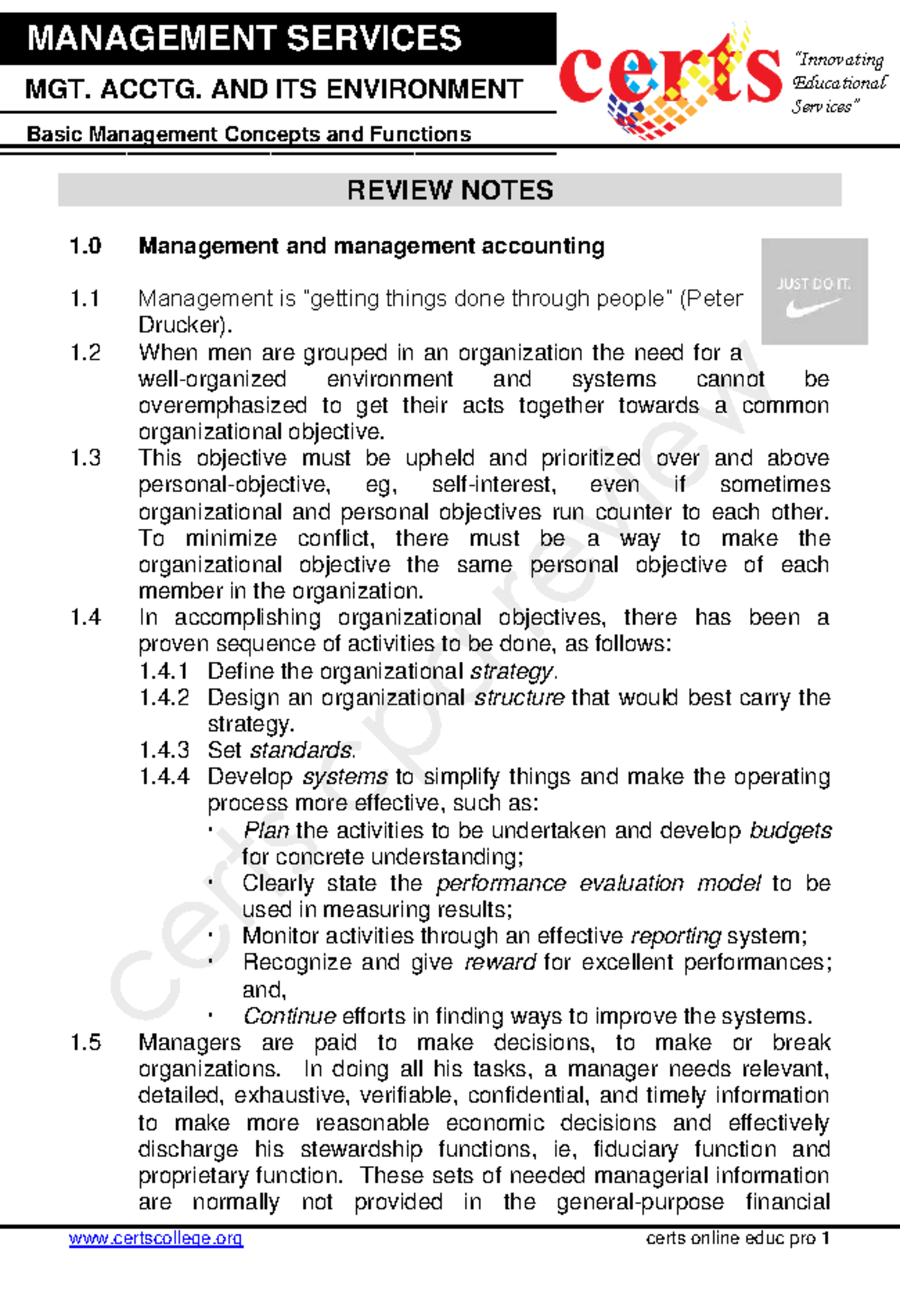 1. Basic Management Concept And Functions - MANAGEMENT SERVICES Basic ...
