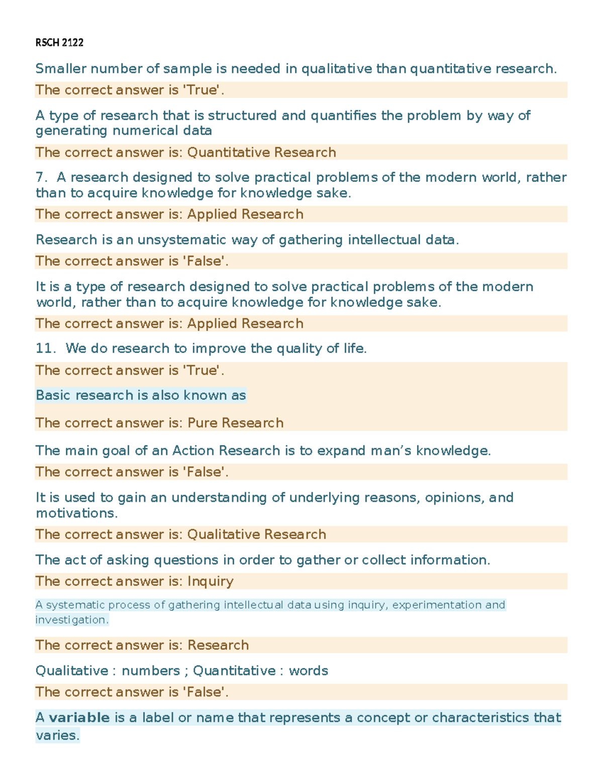 RSCH 2122 Summary of Key Concepts and Research Types (Weeks 1-10) - Document Preview