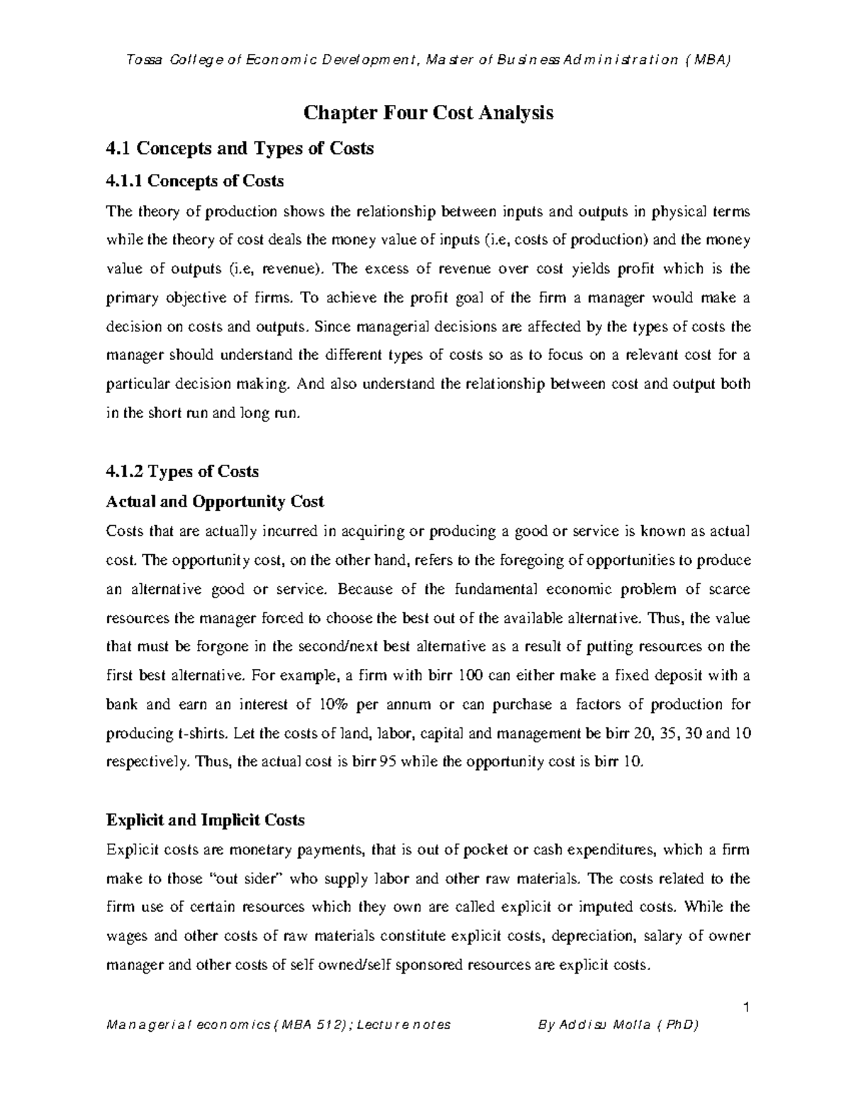 Chapter Four - Cost Analysis Insights for Managerial Decisions - Studocu