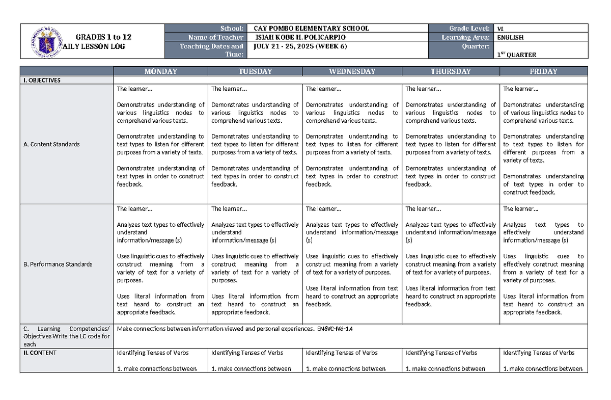 DLL English 6 Q1 W6 - Daily Lesson Log for Grade VI - Studocu