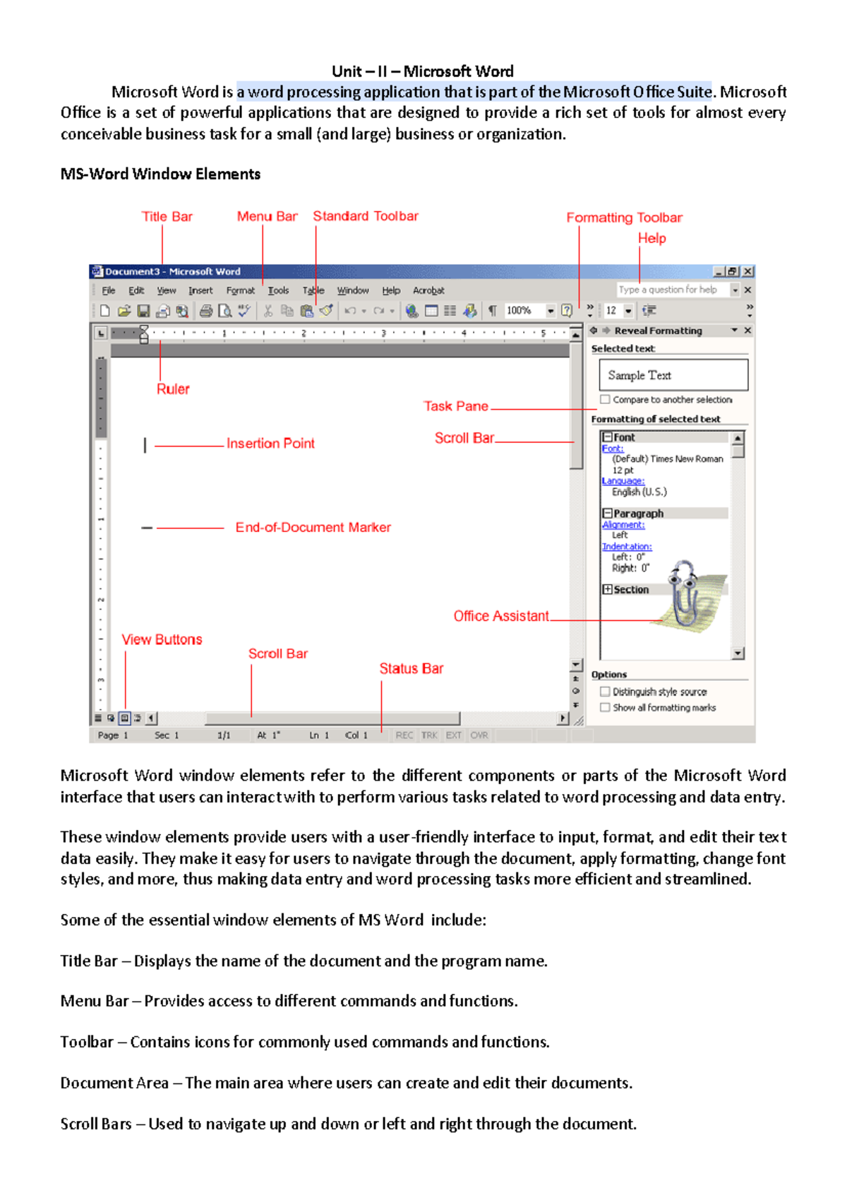 Unit II & III Microsoft Word Overview and Key Features - FIT - Studocu