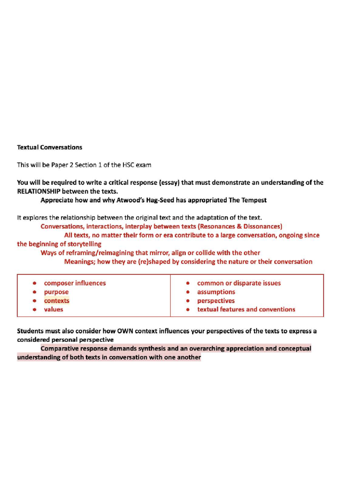 MOD A HSC Exam Tips: Textual Conversations & Critical Responses - Studocu