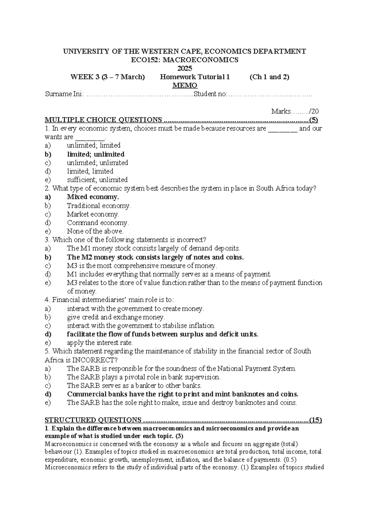 2025 ECO152: Macroeconomics Week 3 Homework Tutorial 1 Memo - Studocu