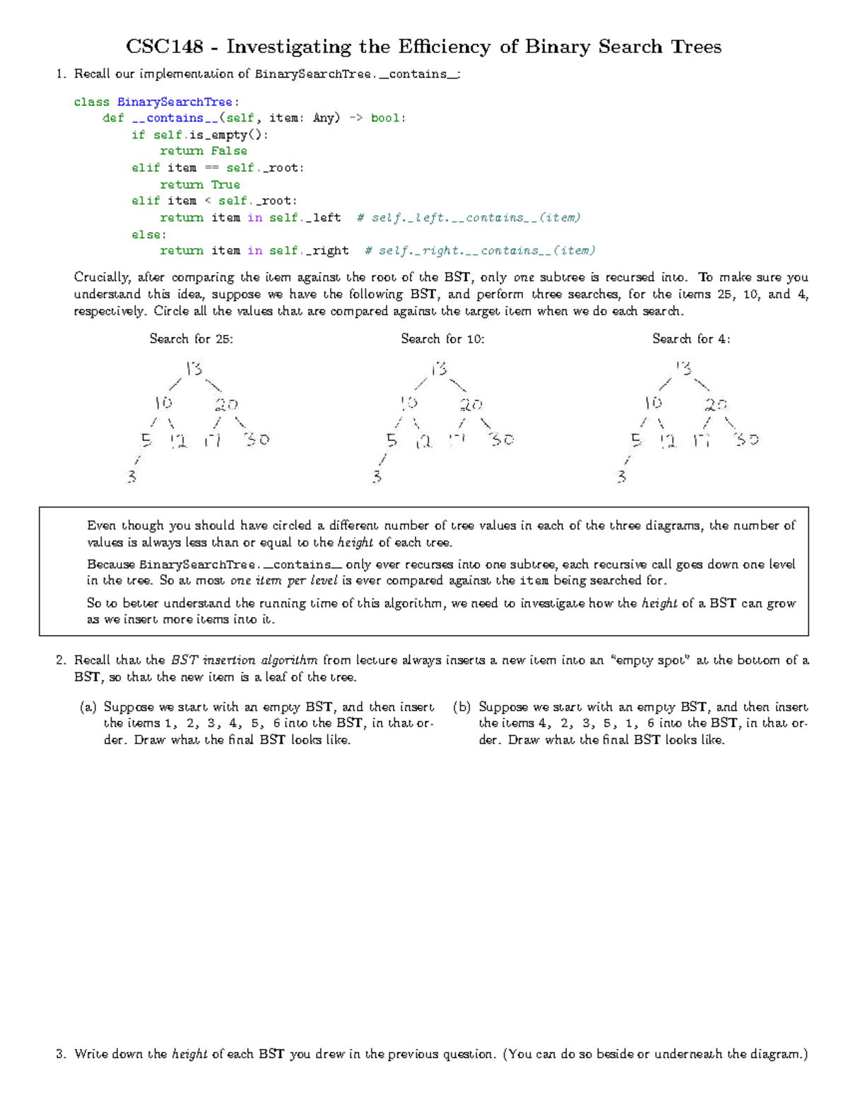 CSC148 Final Exam: Analyzing Binary Search Tree Efficiency - Studocu