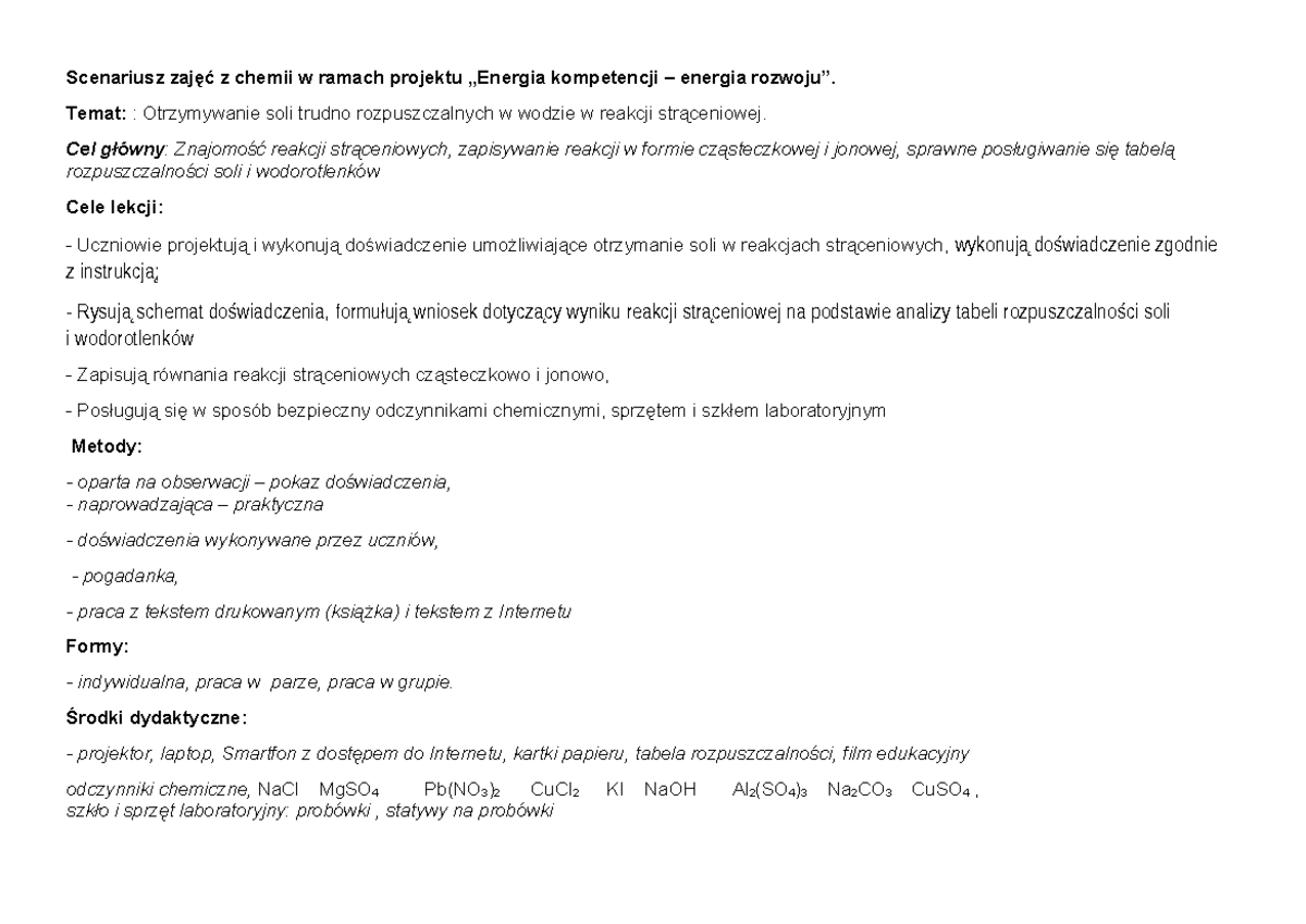 Scenariusz lekcji chemii: Otrzymywanie soli w reakcji strąceniowej