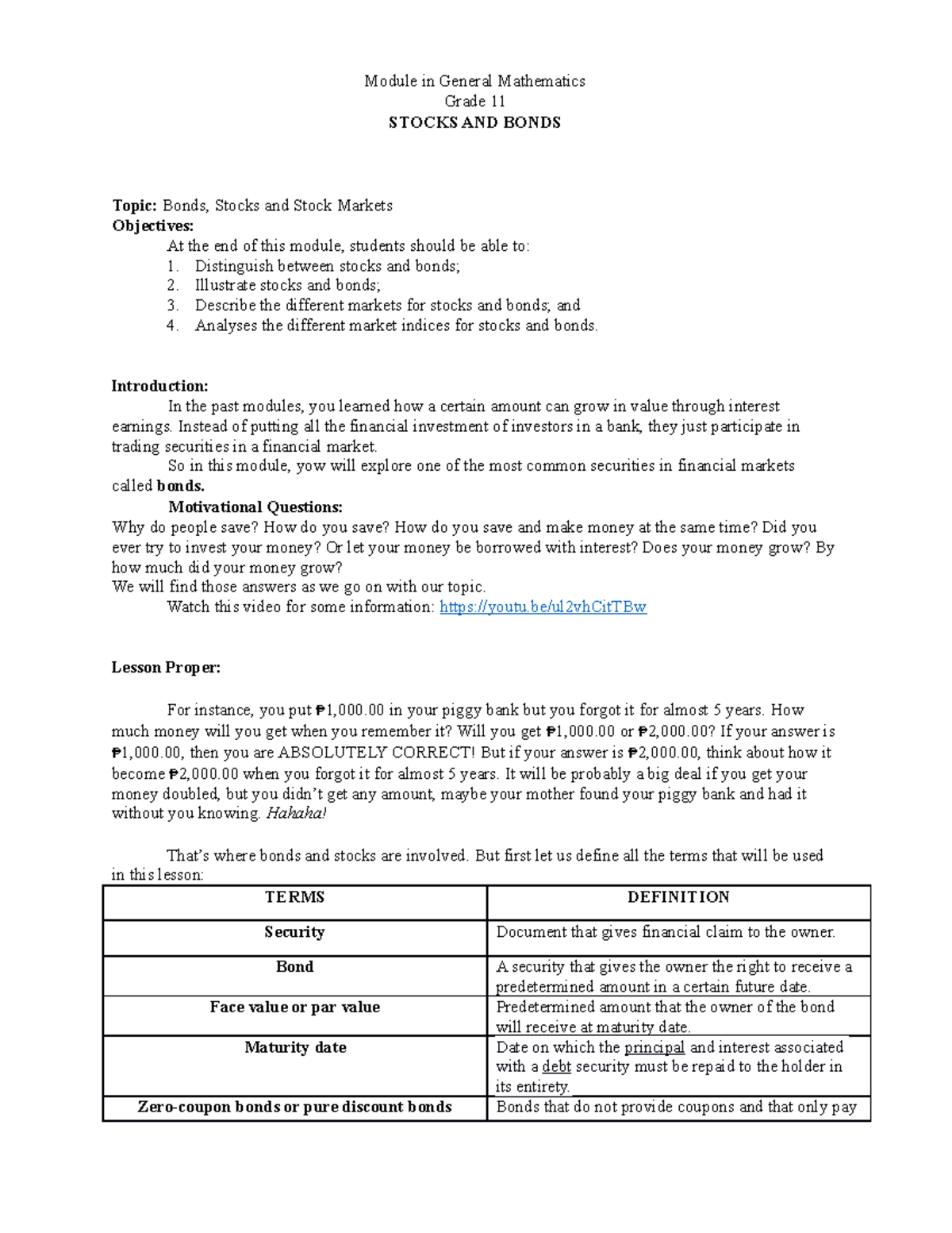Grade 11 Gen Math Module: Stocks and Bonds Overview - Studocu