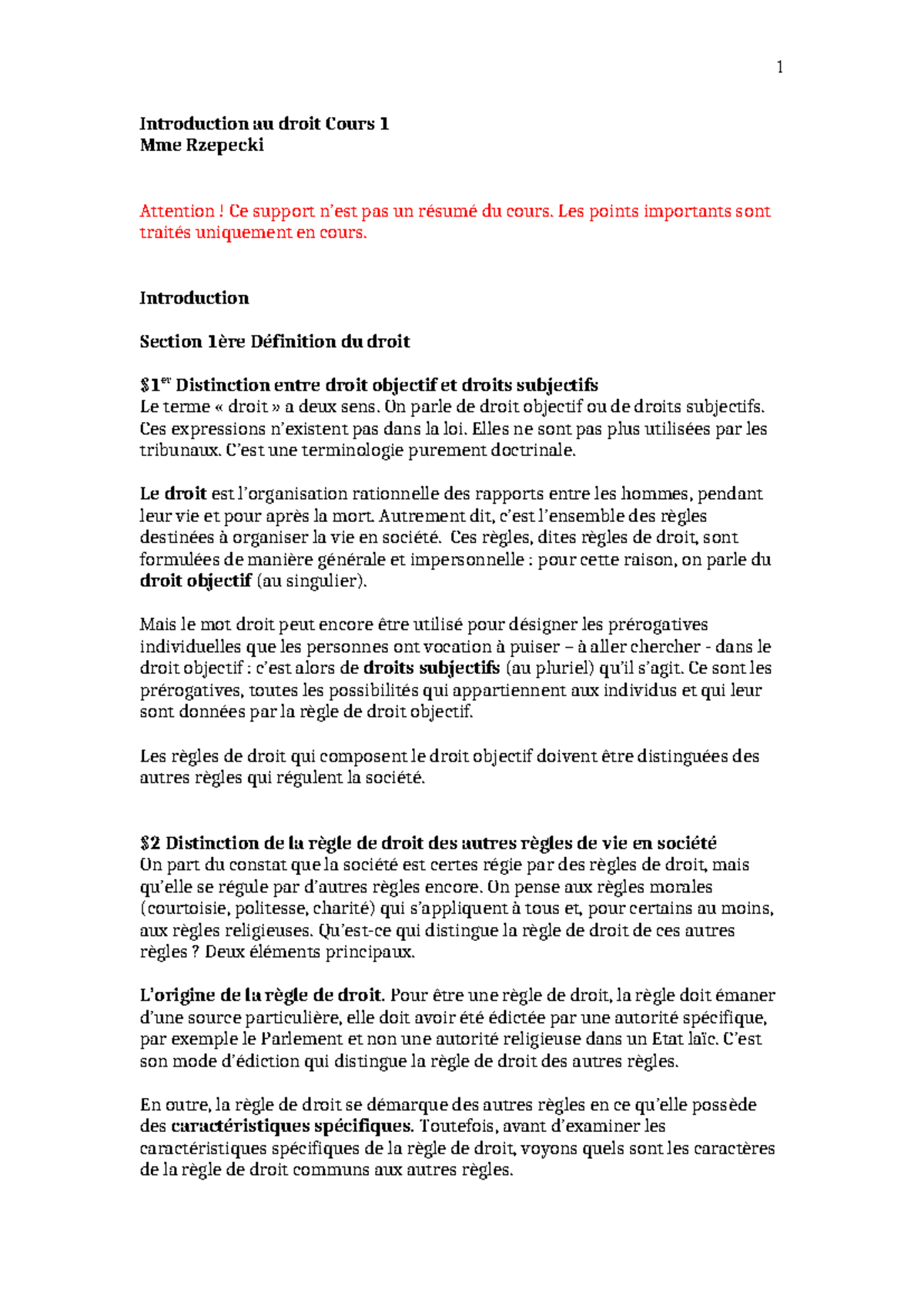 Introduction au Droit - Cours 1 par Mme Rzepecki - Studocu