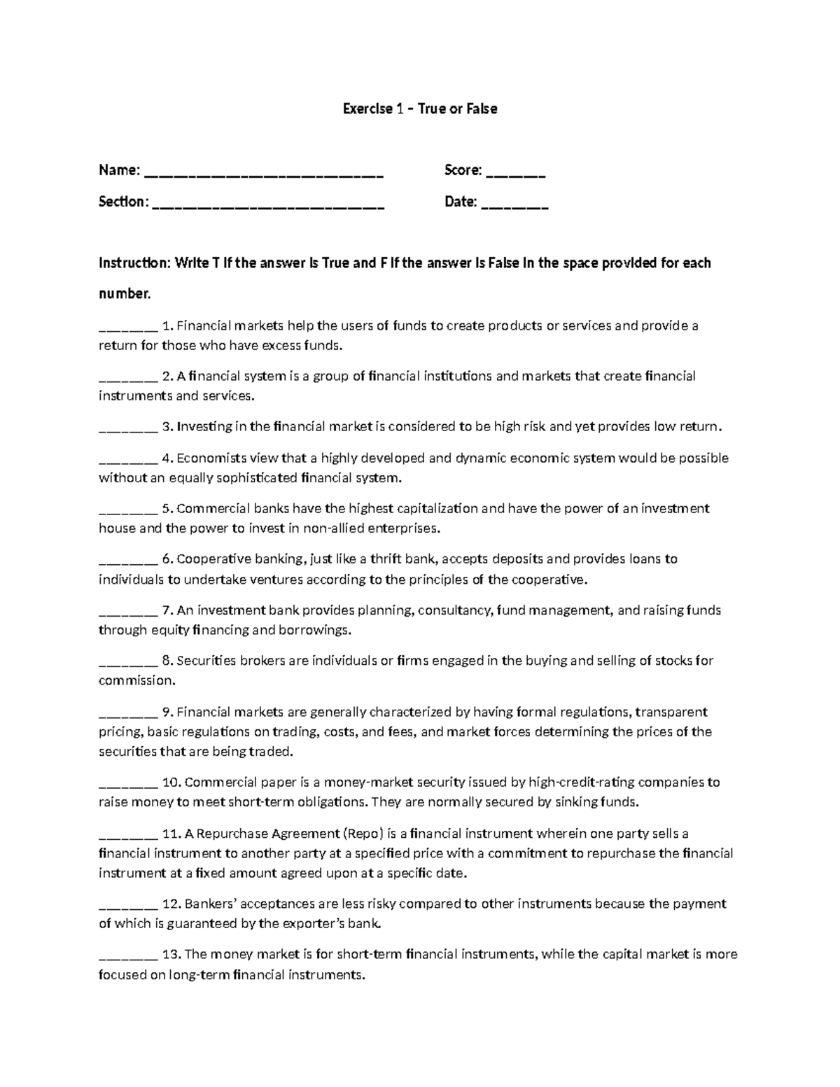 Exercise 1-3: True/False & Multiple Choice Questions on Financial ...