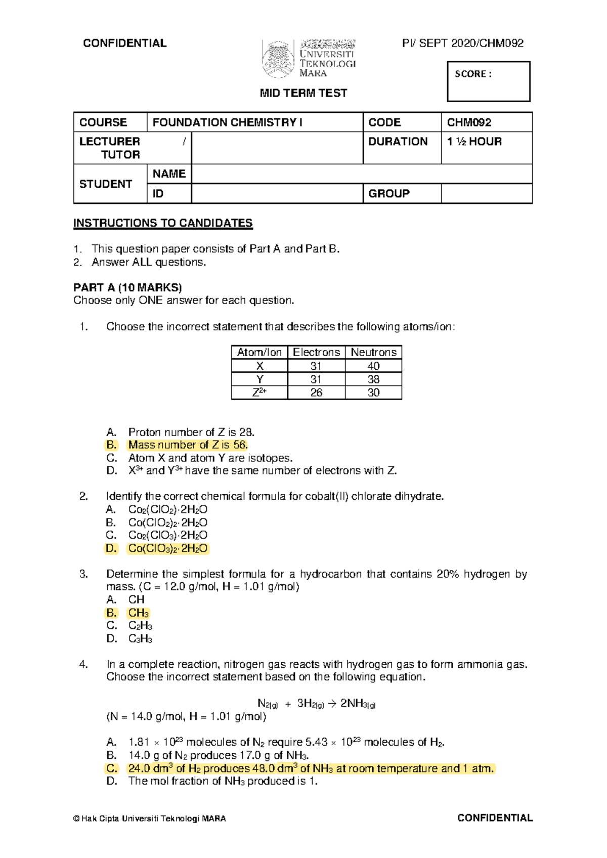 CHM092 2020 Mid Term Test - CONFIDENTIAL 1 PI/ SEPT 2020/CHM © Hak ...