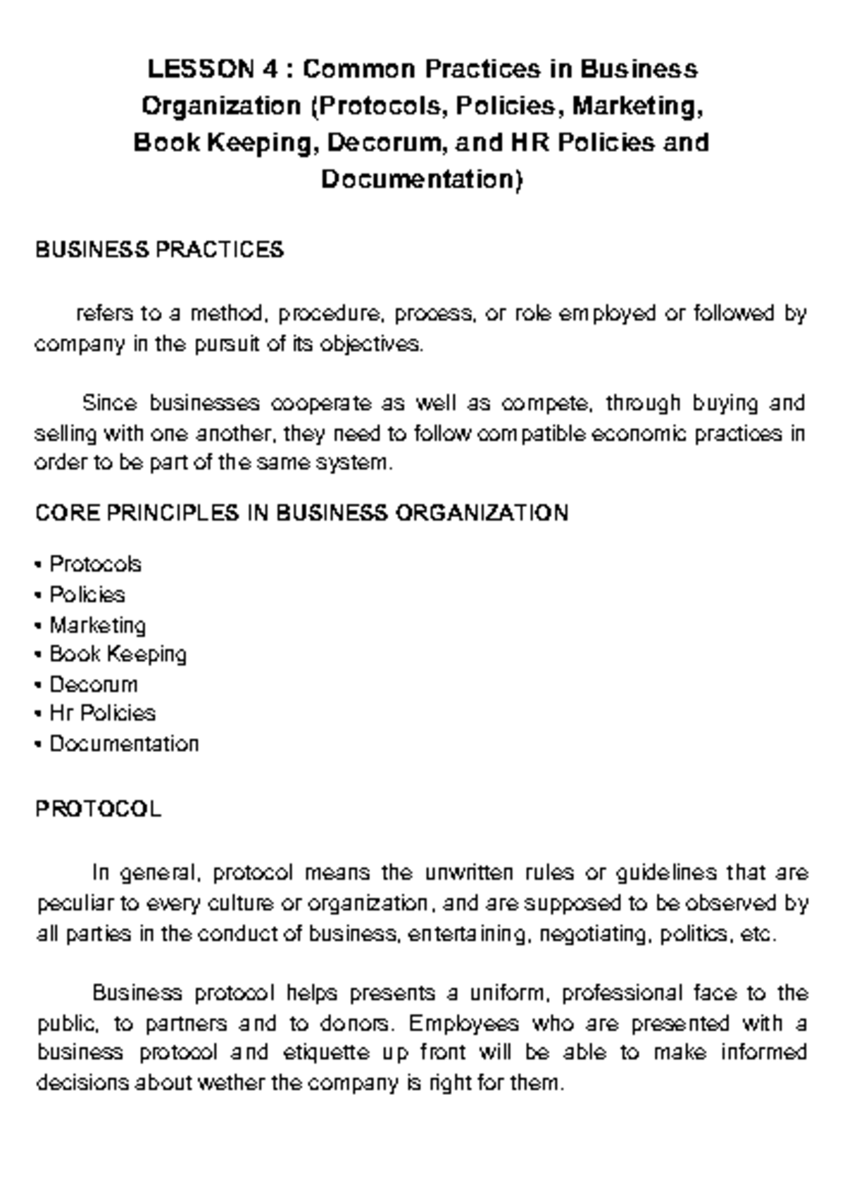 BUSINESS PRACTICES LESSON 4: Protocols, Policies, and Marketing ...