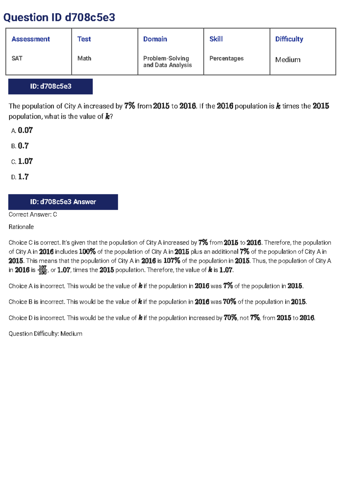 SAT Prep - Problem-Solving & Data Analysis - Question ID d708c5e - Studocu