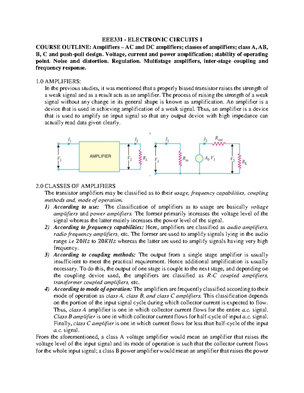 EEE331 Lecture Notes: Week 1 - Introduction to Amplifiers and Classes ...