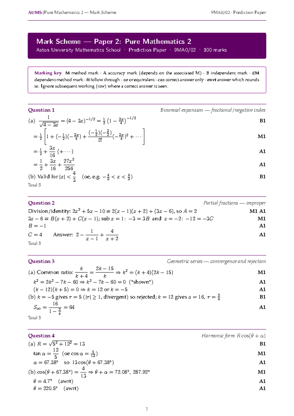 AUMS Pure Mathematics 2 Prediction Paper Mark Scheme (Set A) - Studocu