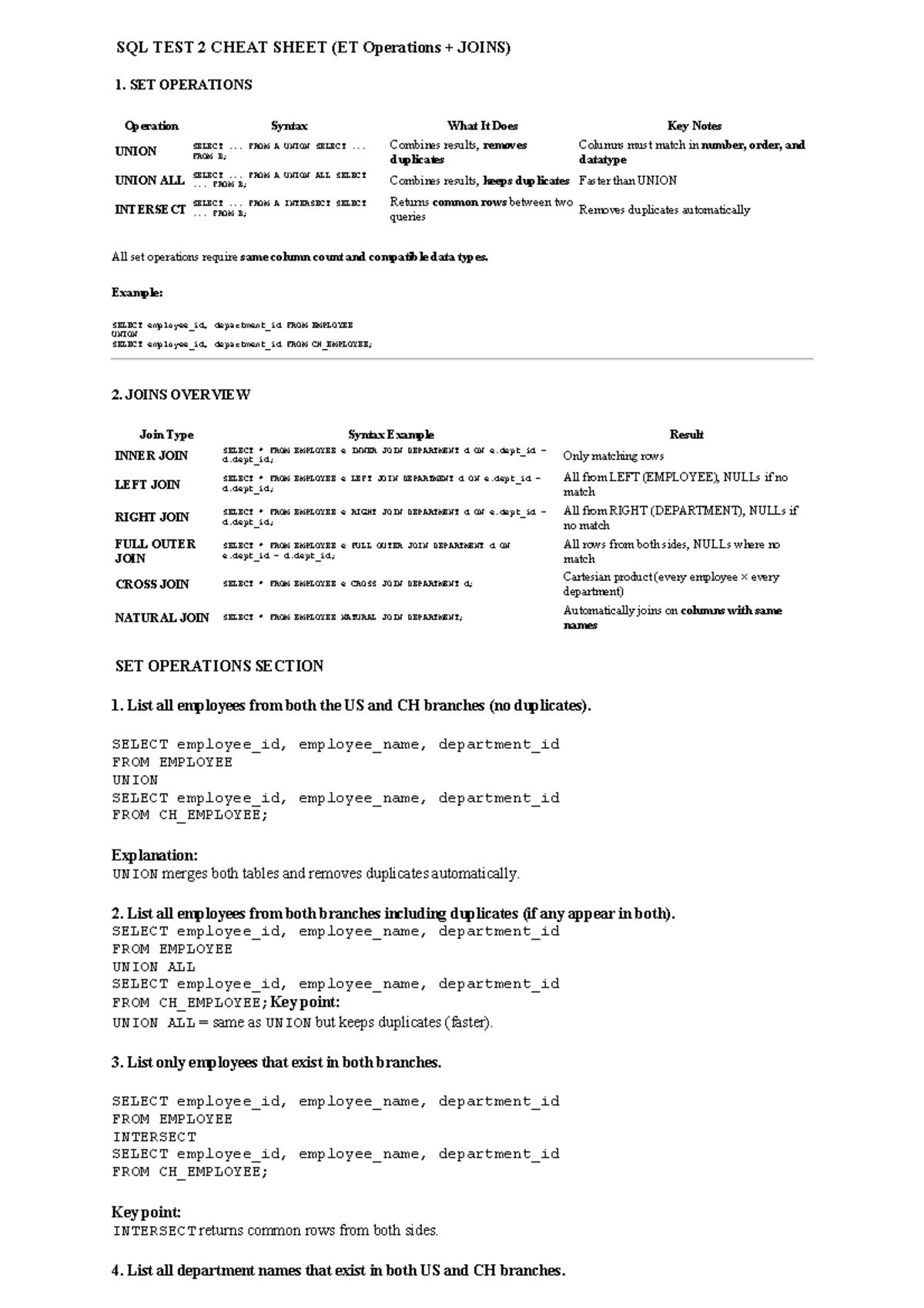SQL TEST 2 CHEAT SHEET: SET OPERATIONS & JOINS - Studocu