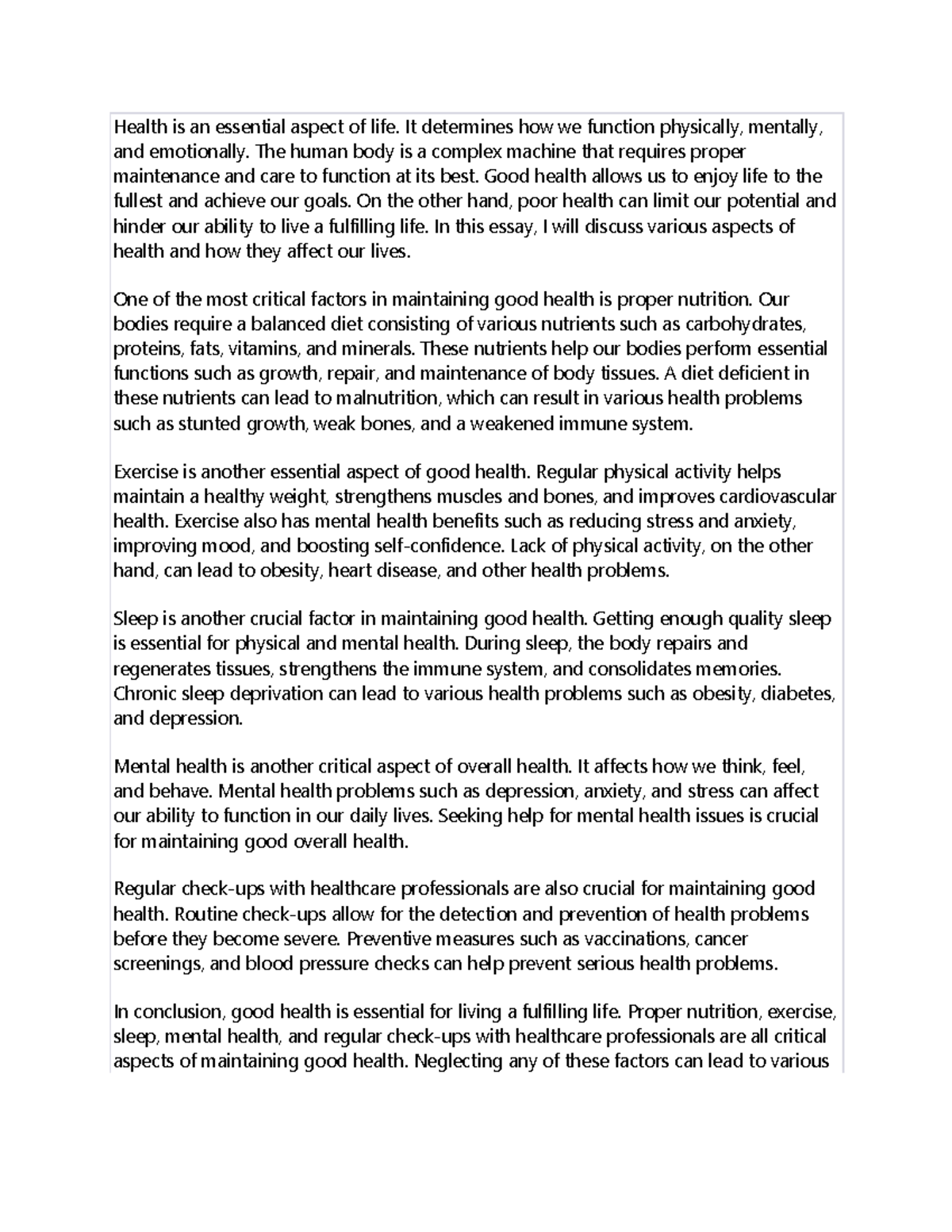 Doc2 - In class assignment - Health is an essential aspect of life. It ...