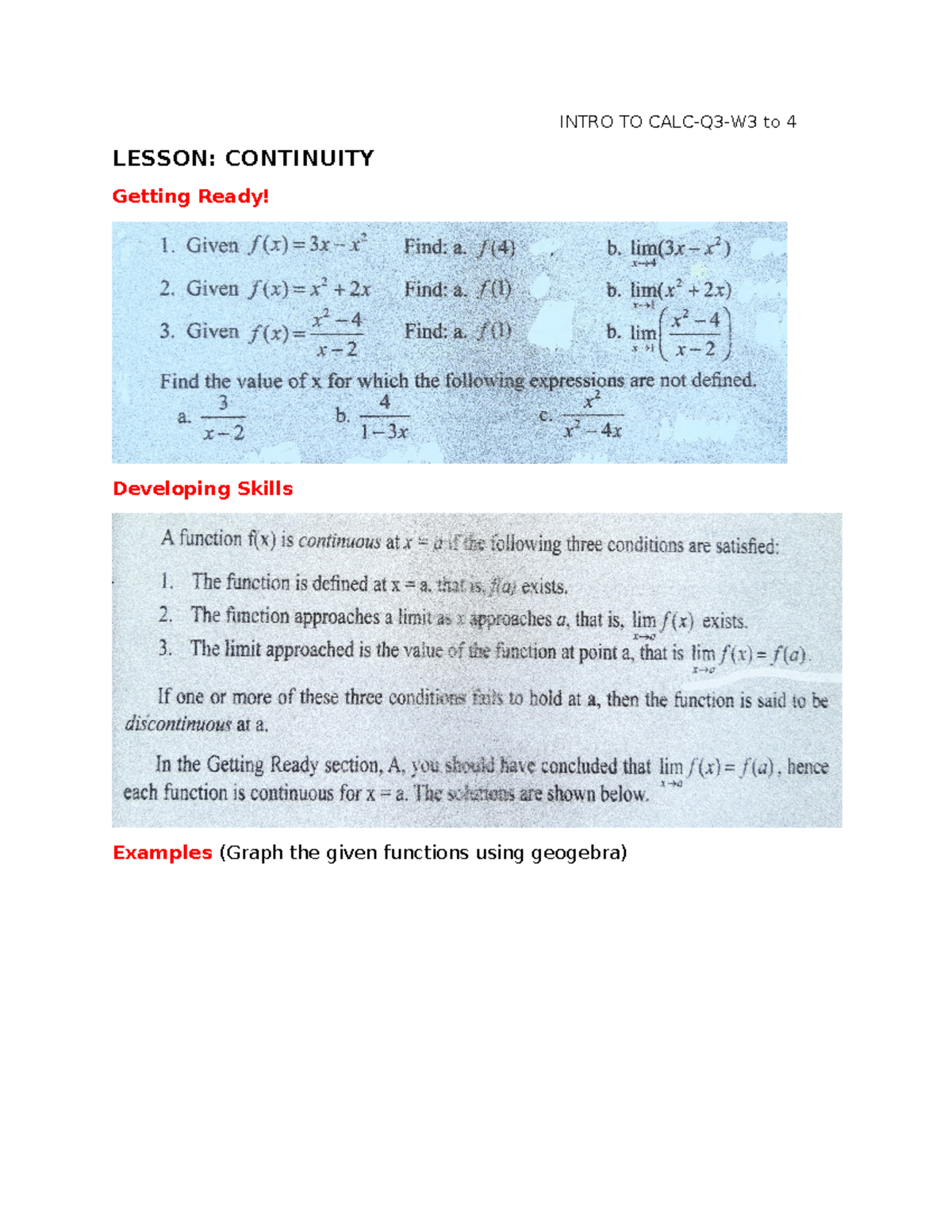 Intro TO CALC q3 w3 to 4 - INTRO TO CALC-Q3-W3 to 4 LESSON: CONTINUITY ...