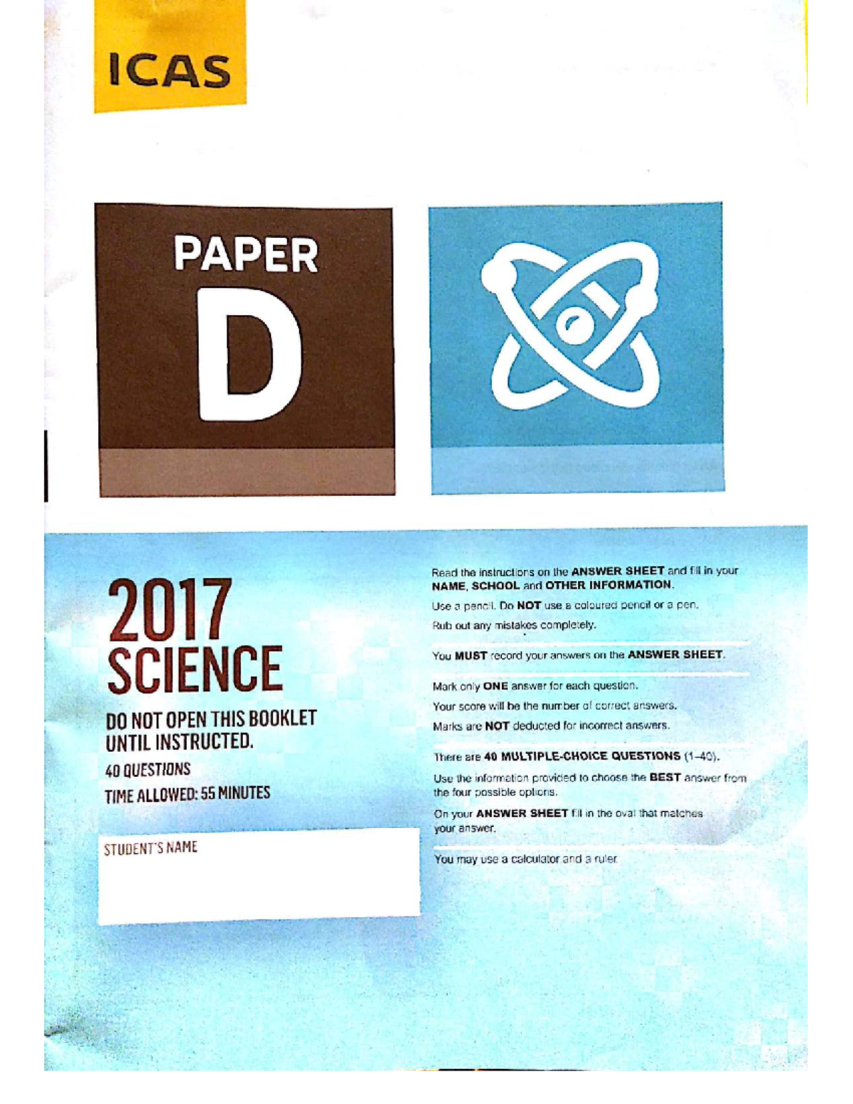 ICAS Science Paper D 2017: Question Set and Instructions - Studocu