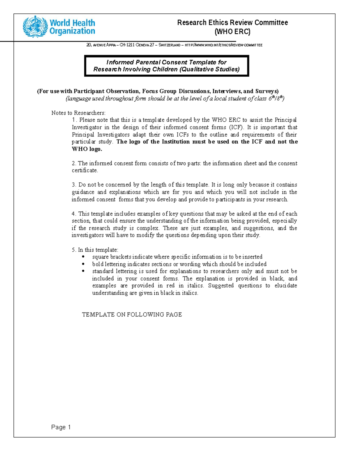 Informed Parental Consent Template for Research Involving Children ...