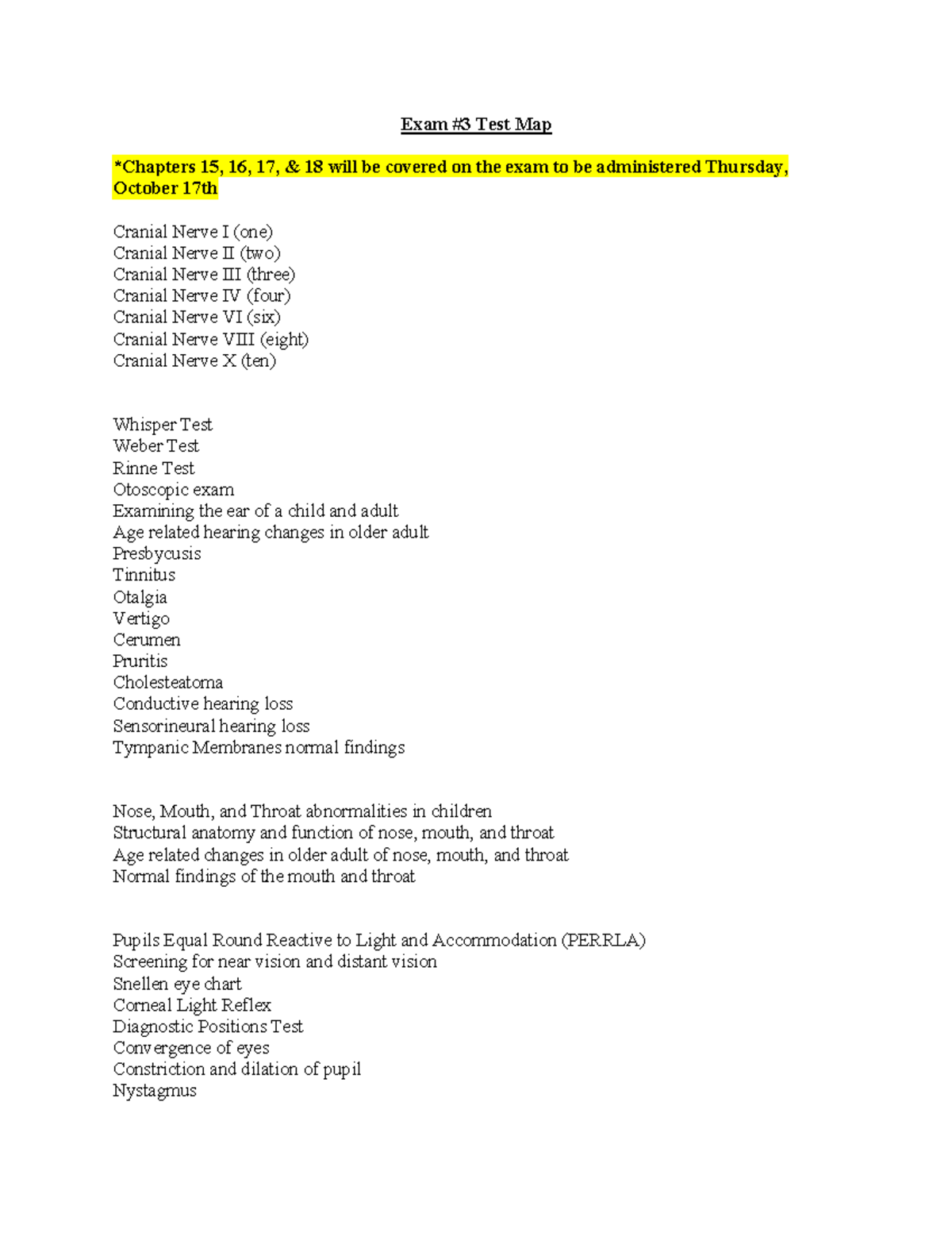 Exam #3 Test Map - nurse notes - Exam #3 Test Map *Chapters 15, 16, 17 ...