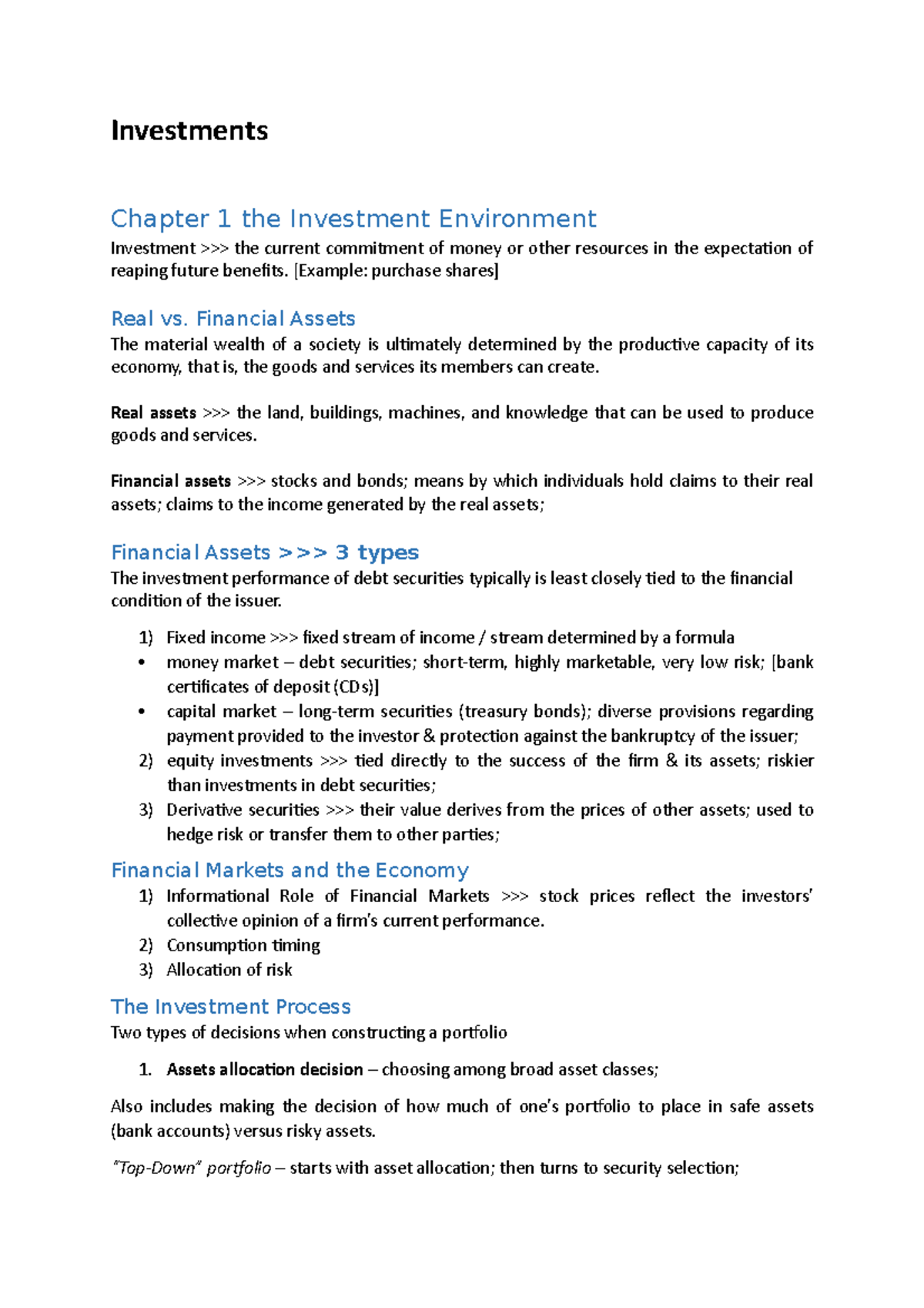Investments (FIN101): Comprehensive Summary of Investment Principles ...