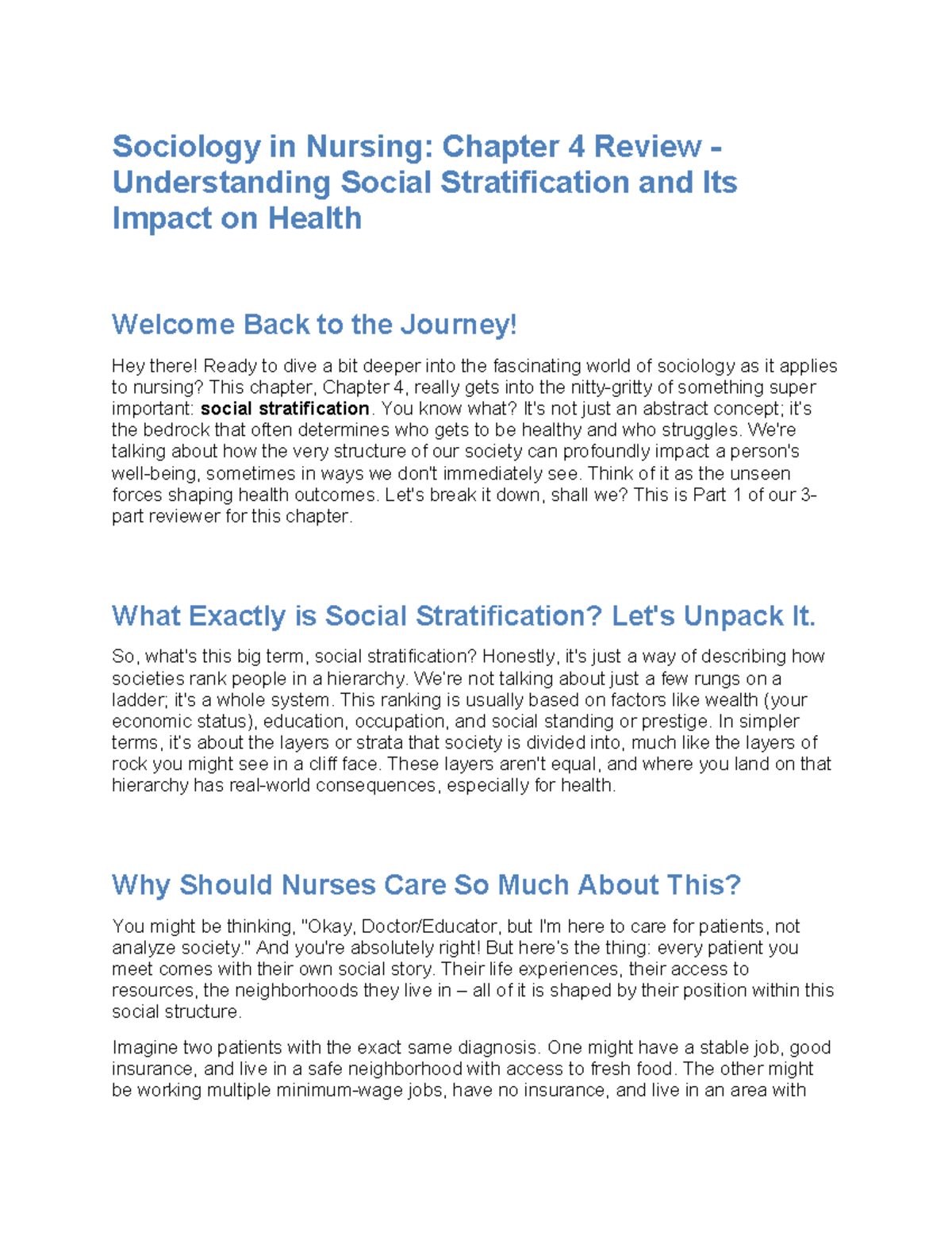 Sociology in Nursing: Chapter 4 Review on Social Stratification and ...