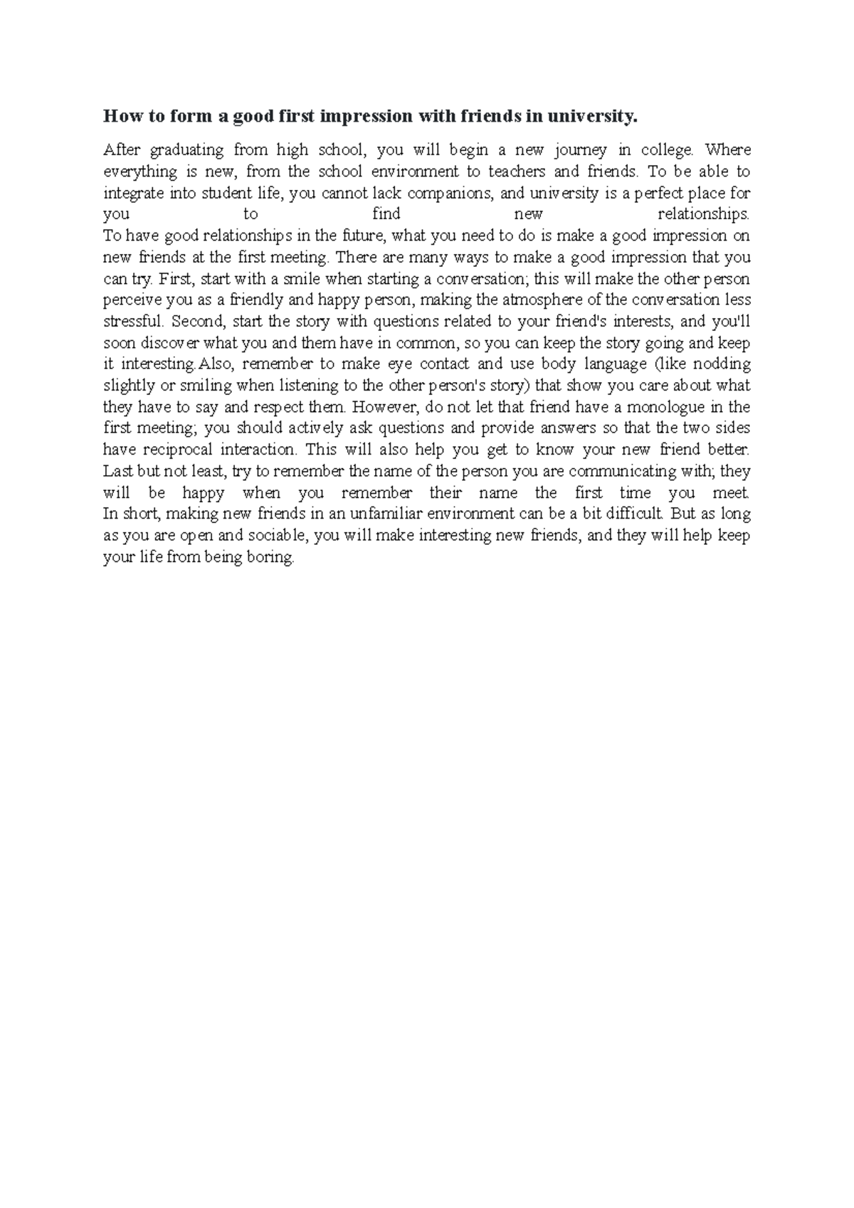Writing Assignment 1 - How to form a good first impression with friends ...