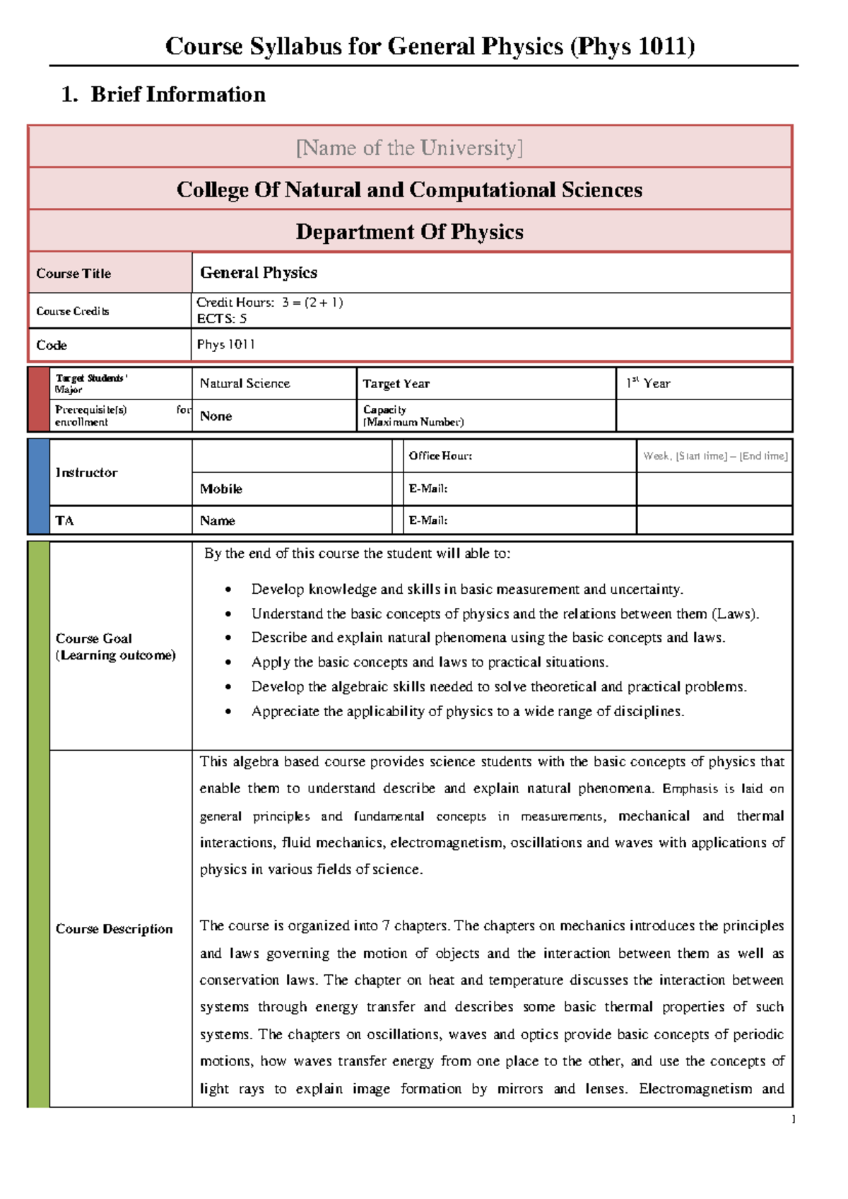 General Physics module - 1. Brief Information [Name of the University ...