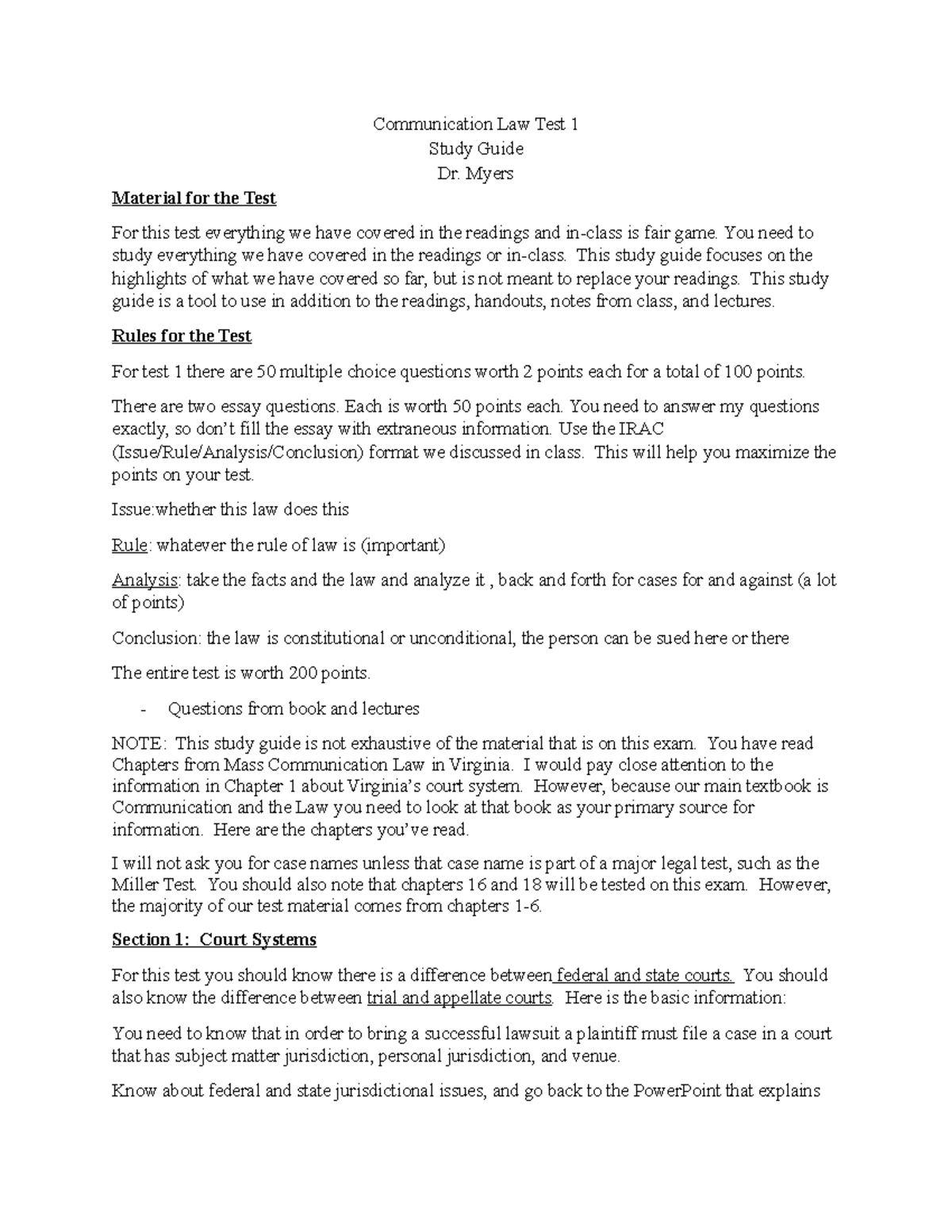 COMM 301: Communication Law Exam 1 Study Guide by Dr. Myers - Studocu