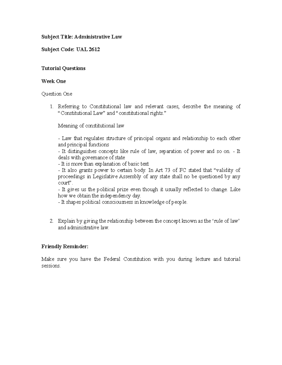 UAL 2612 Administrative Law Tutorial Qs - Week 1 Summary - Studocu