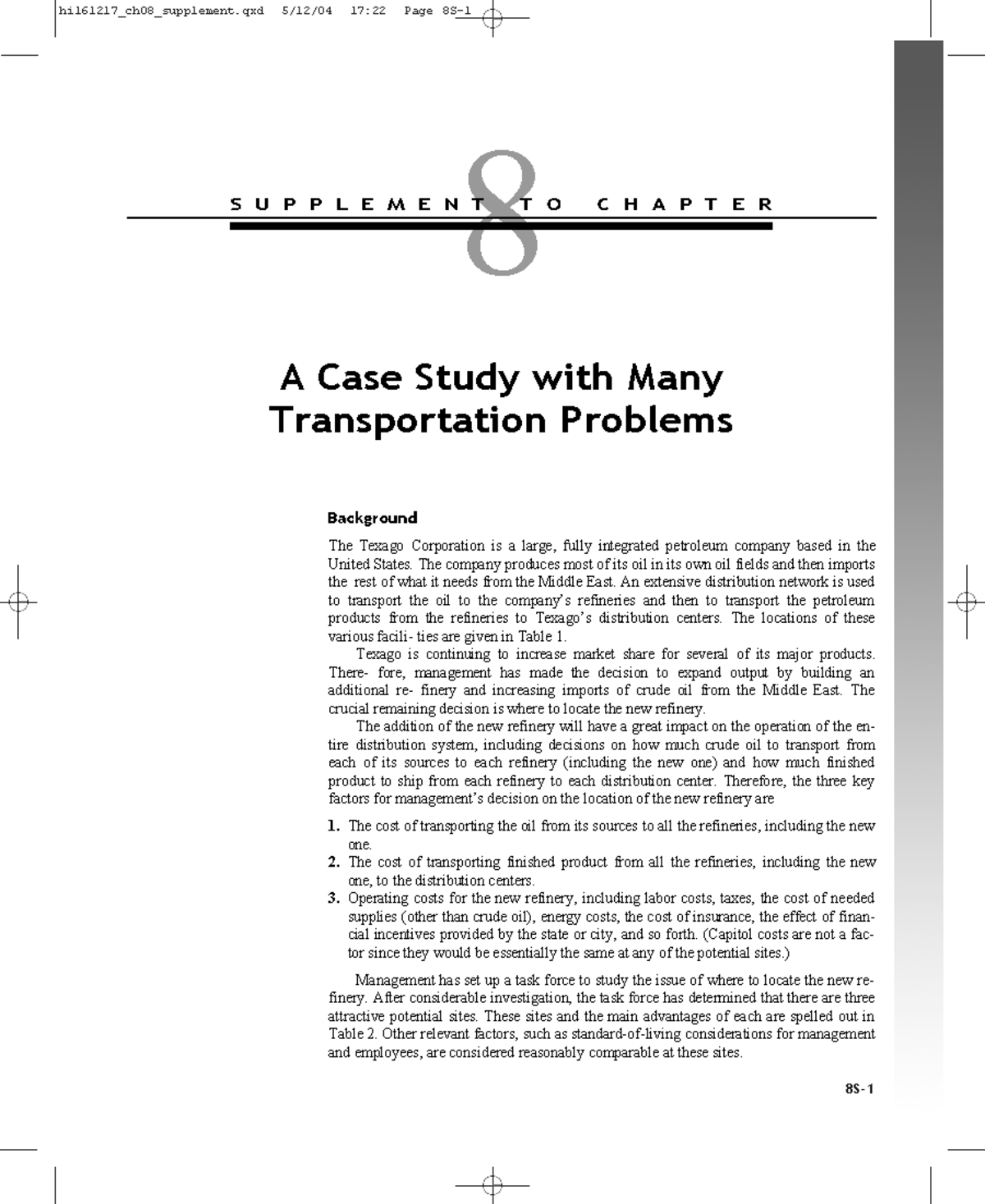 Texago Corp. Site Selection Case Study: Transportation Challenges and ...
