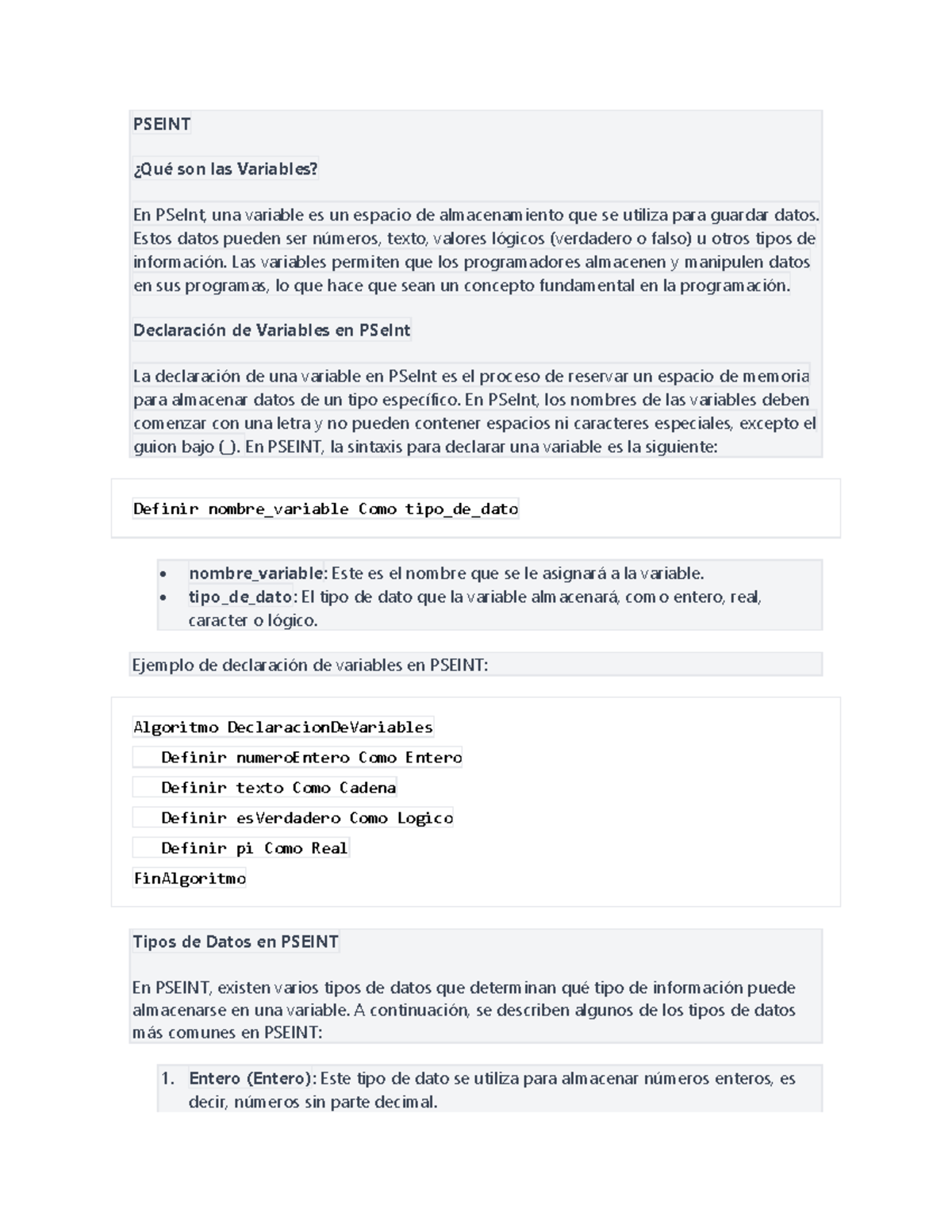 Variables en PSEINT: Declaración y Tipos de Datos Esenciales - Studocu