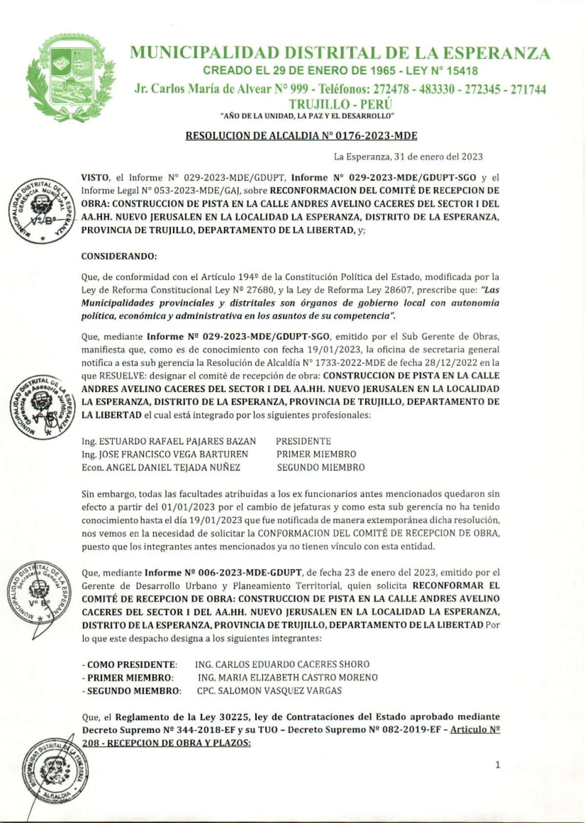 Informe Legal sobre Reconformación del Comité de Recepción de Obra - Document Preview