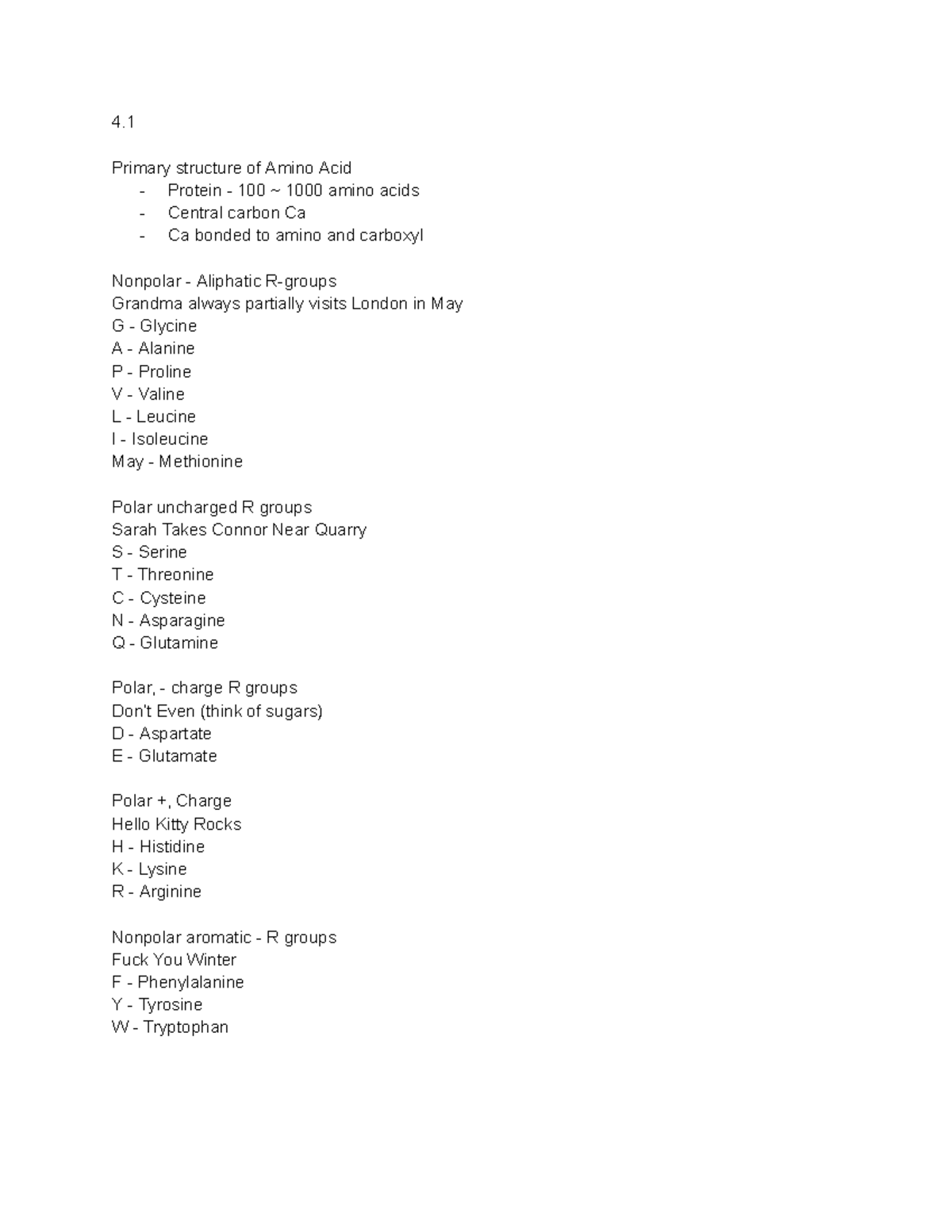 BIOL 2P02 CHAP 4 - Notes from textbook - 4. Primary structure of Amino ...