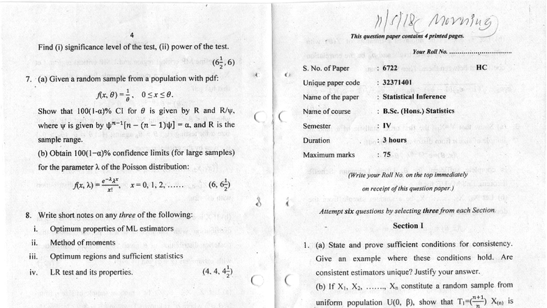 B.Sc. (Hons.) Statistics Semester IV Exam: Statistical Inference Notes ...
