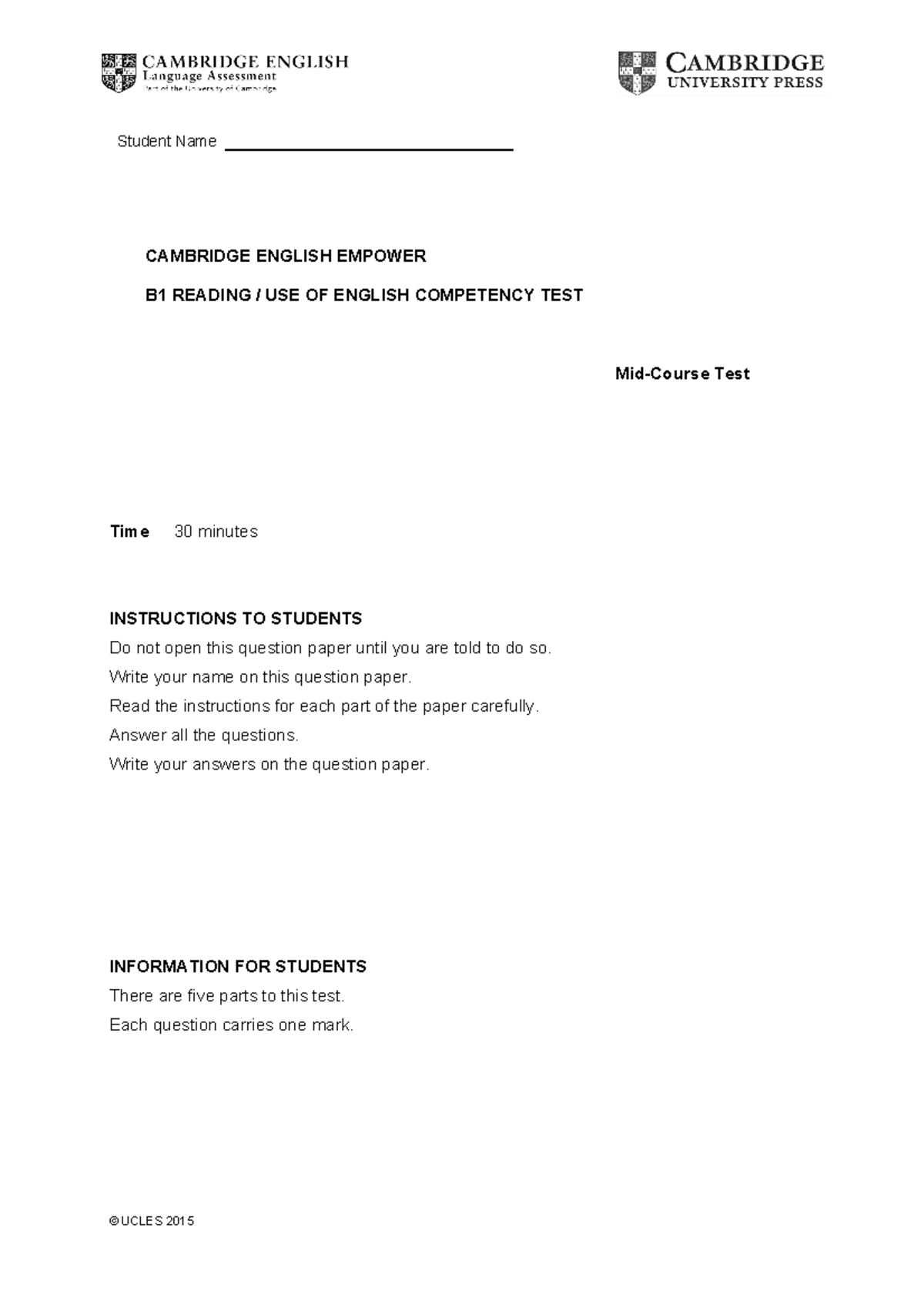 Pdfcoffee - sfewfea - Student Name CAMBRIDGE ENGLISH EMPOWER B1 READING ...