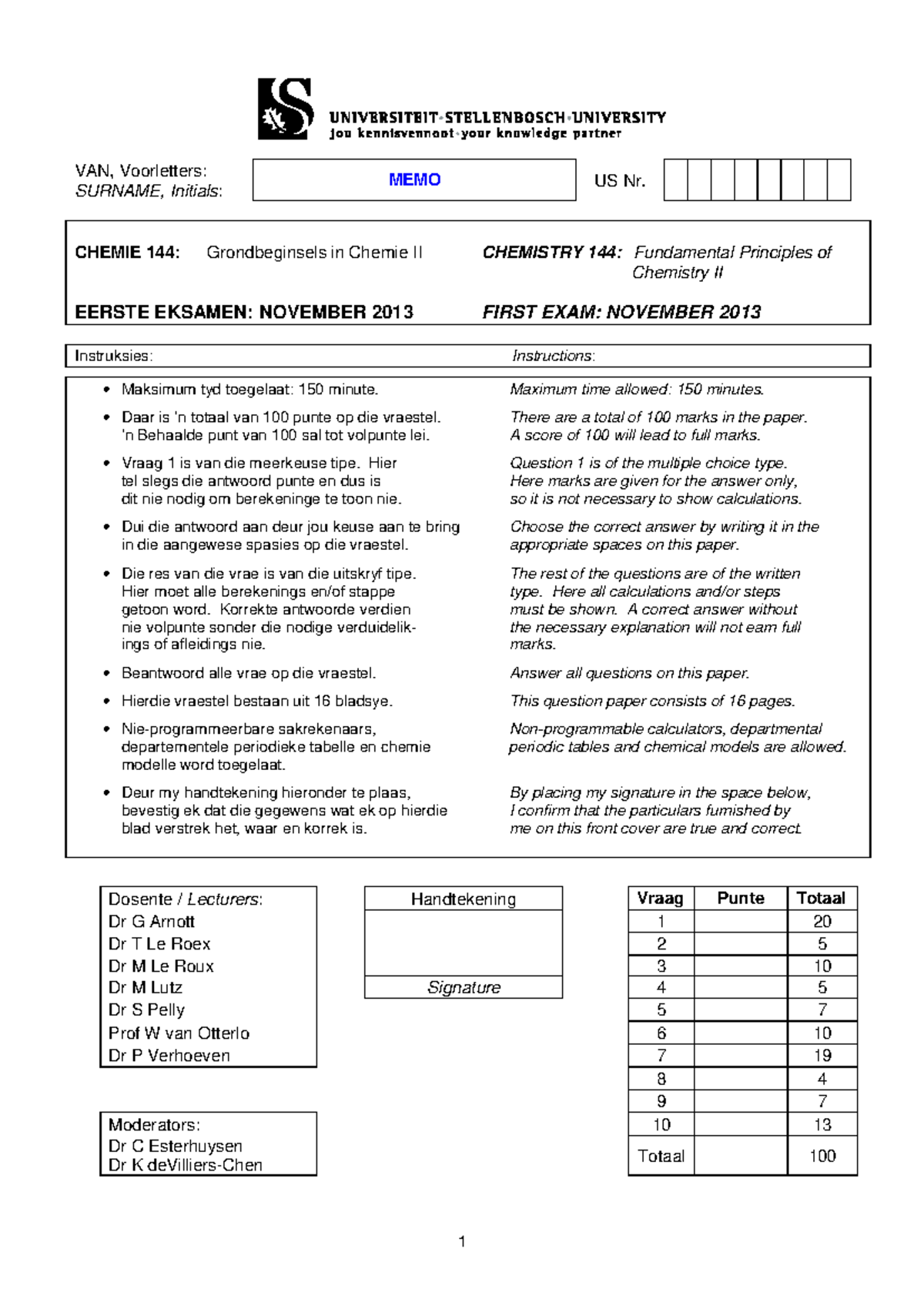 CHEM 144: 2013 1st Exam Memo - Fundamental Principles of Chemistry II ...