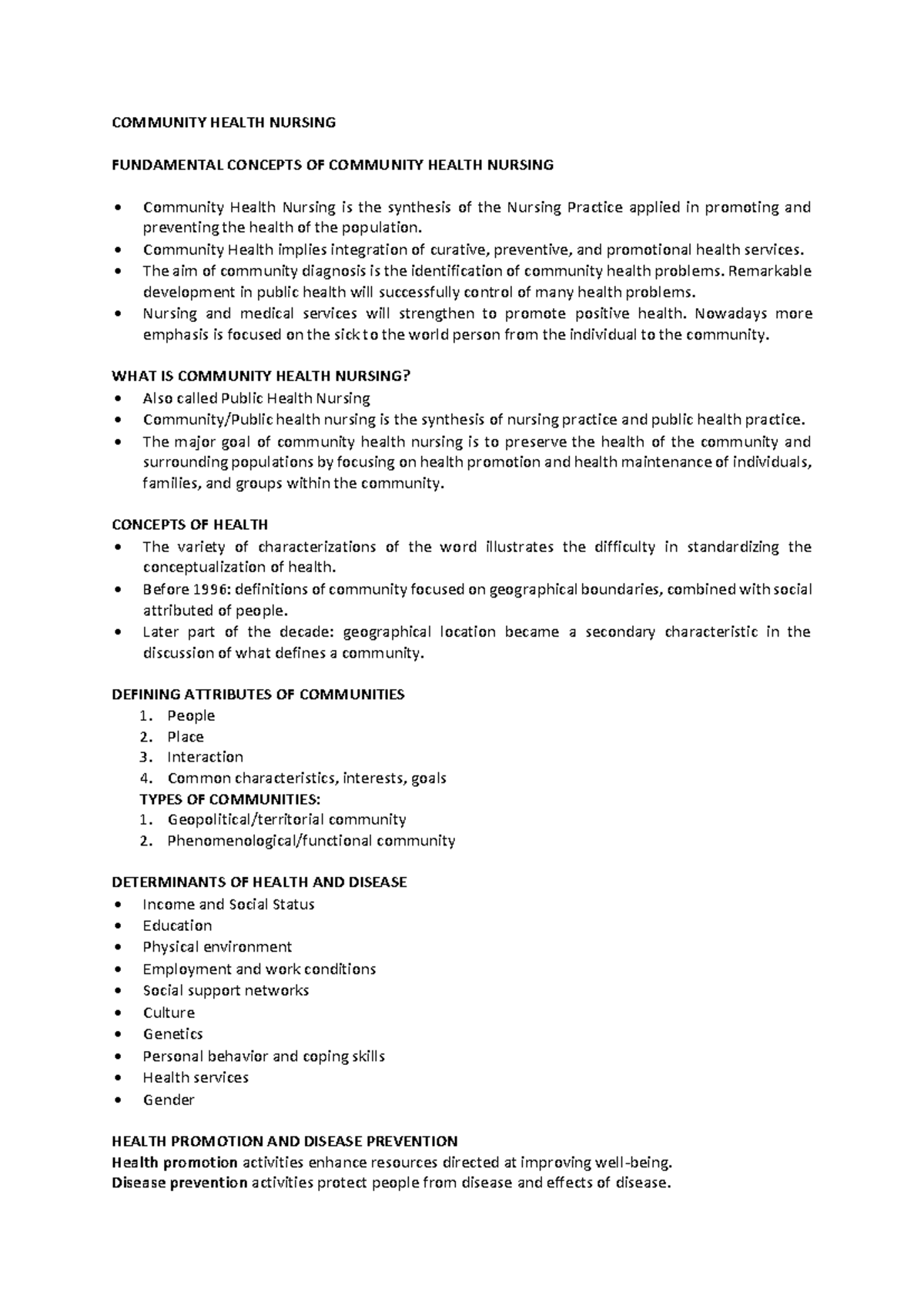 Community Health Nursing: Concepts, Roles, and Family Health Care - Studocu