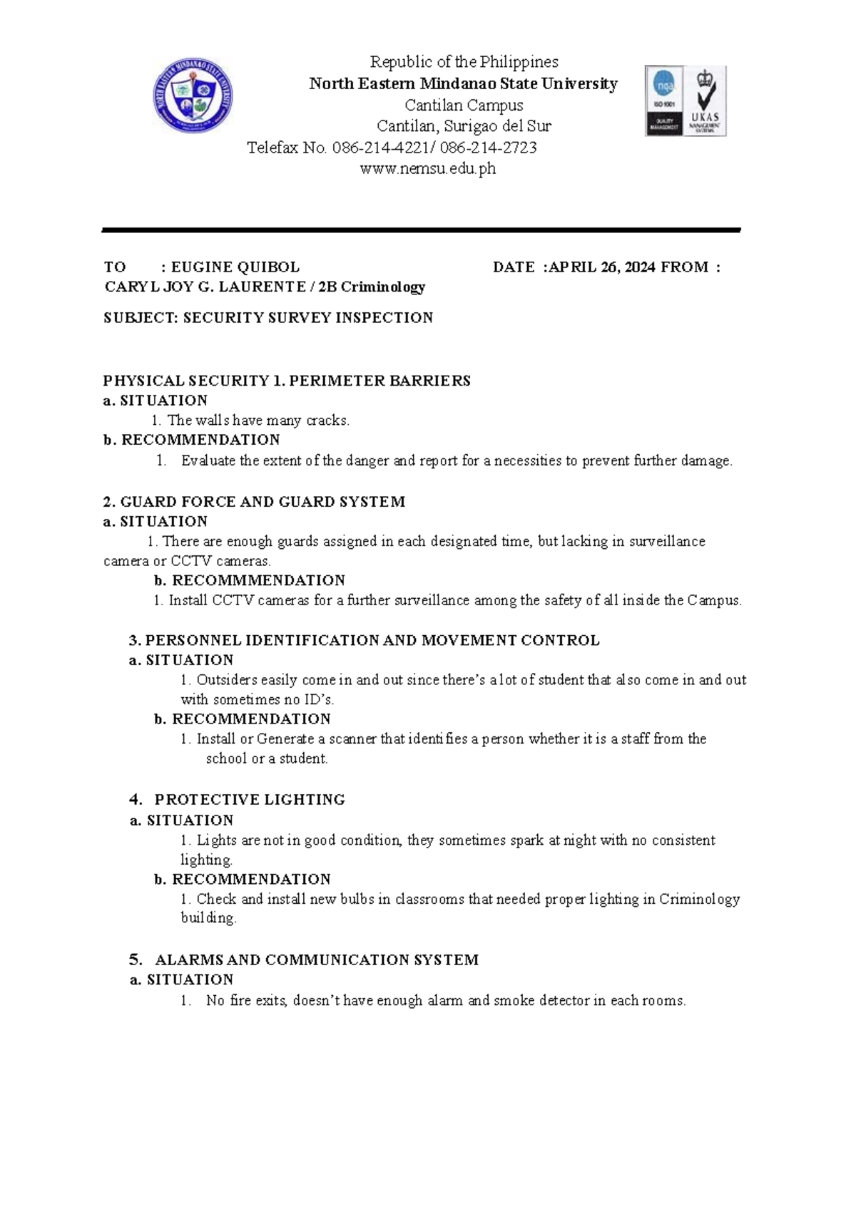 Security Survey Inspection Report - LEA3 - Studocu