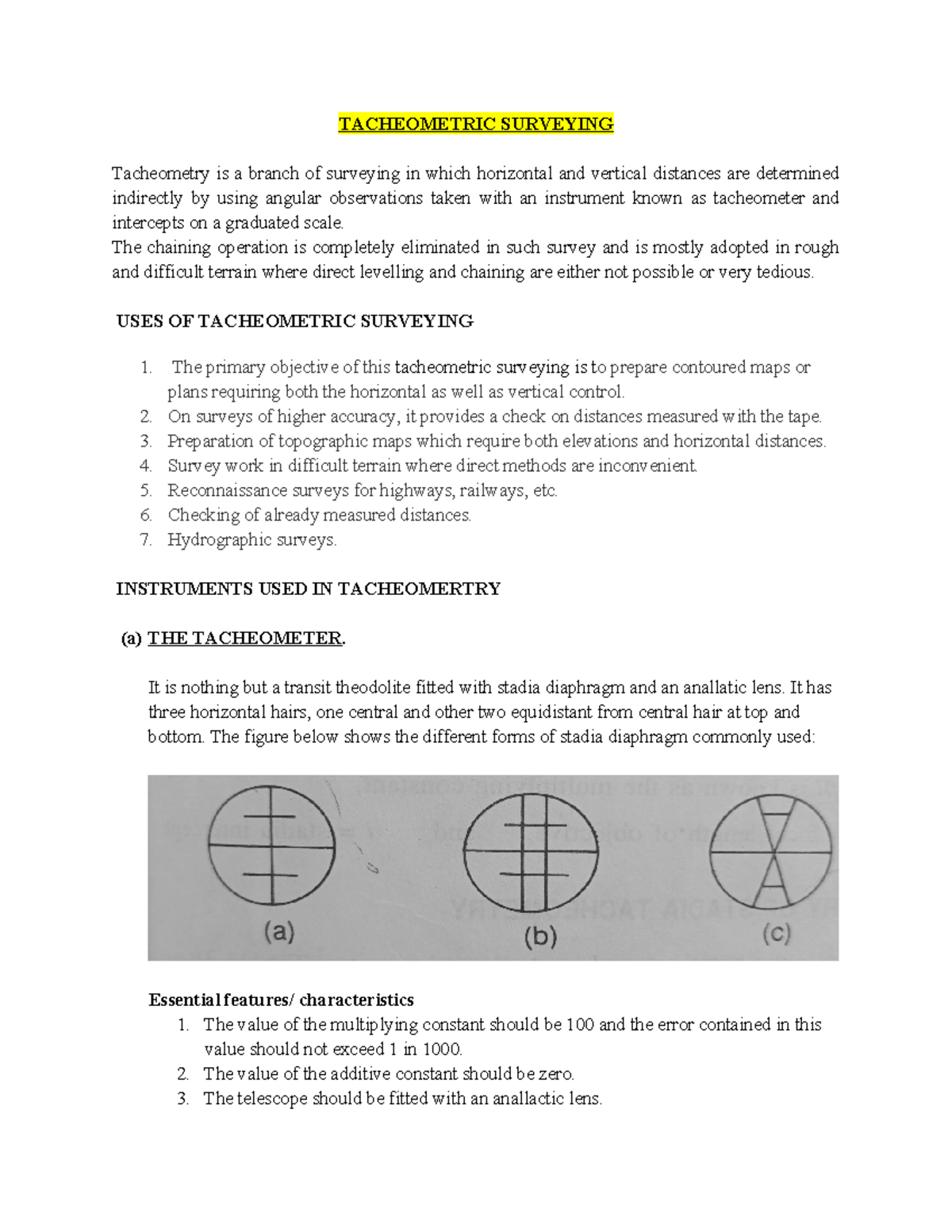 TACHEOMETRIC SURVEYING: Techniques and Instruments Explained - Studocu