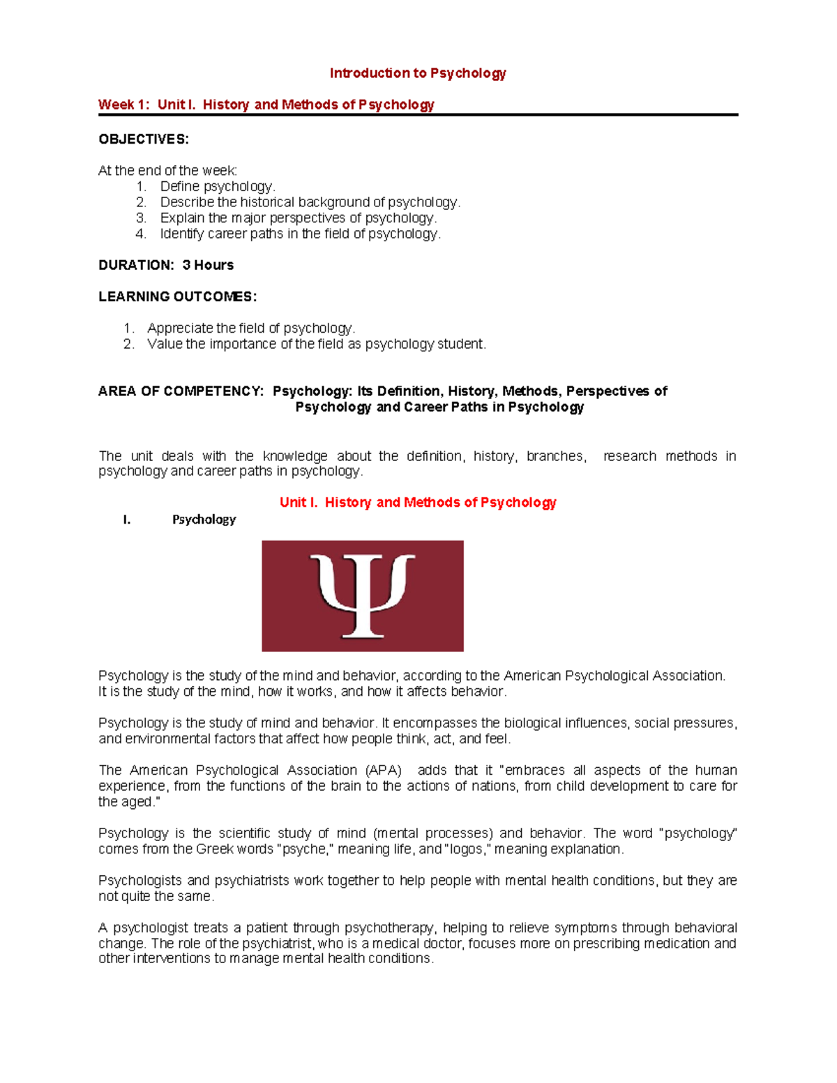 PSY W1 Unit I: Overview of Psychology's History and Research Methods ...