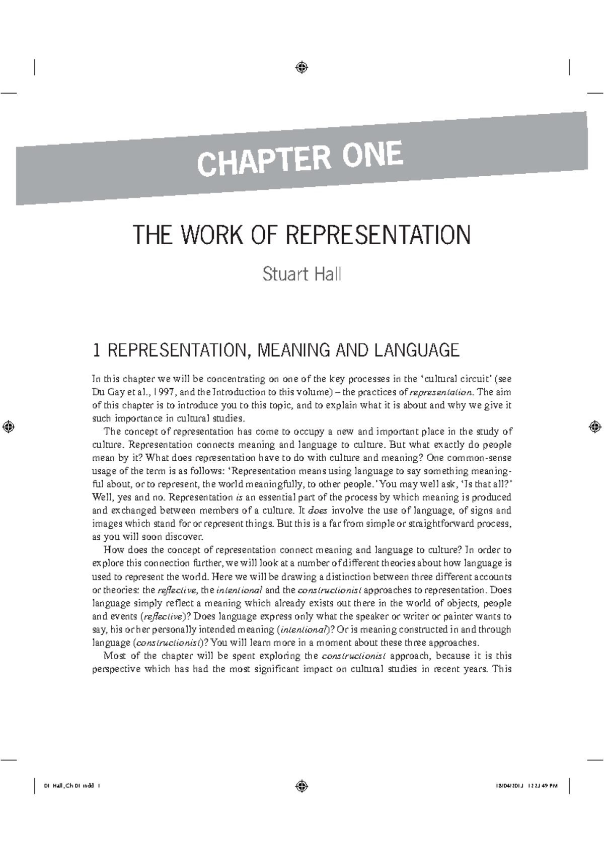 CHAPTER ONE: THE WORK OF REPRESENTATION (CULTURAL STUDIES) - Studocu
