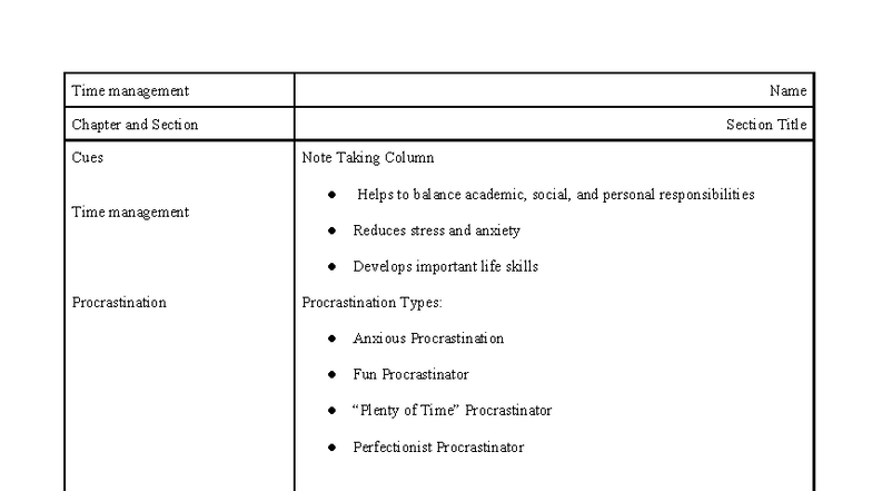 Cornell Notes Template - Time management Name Chapter and Section ...